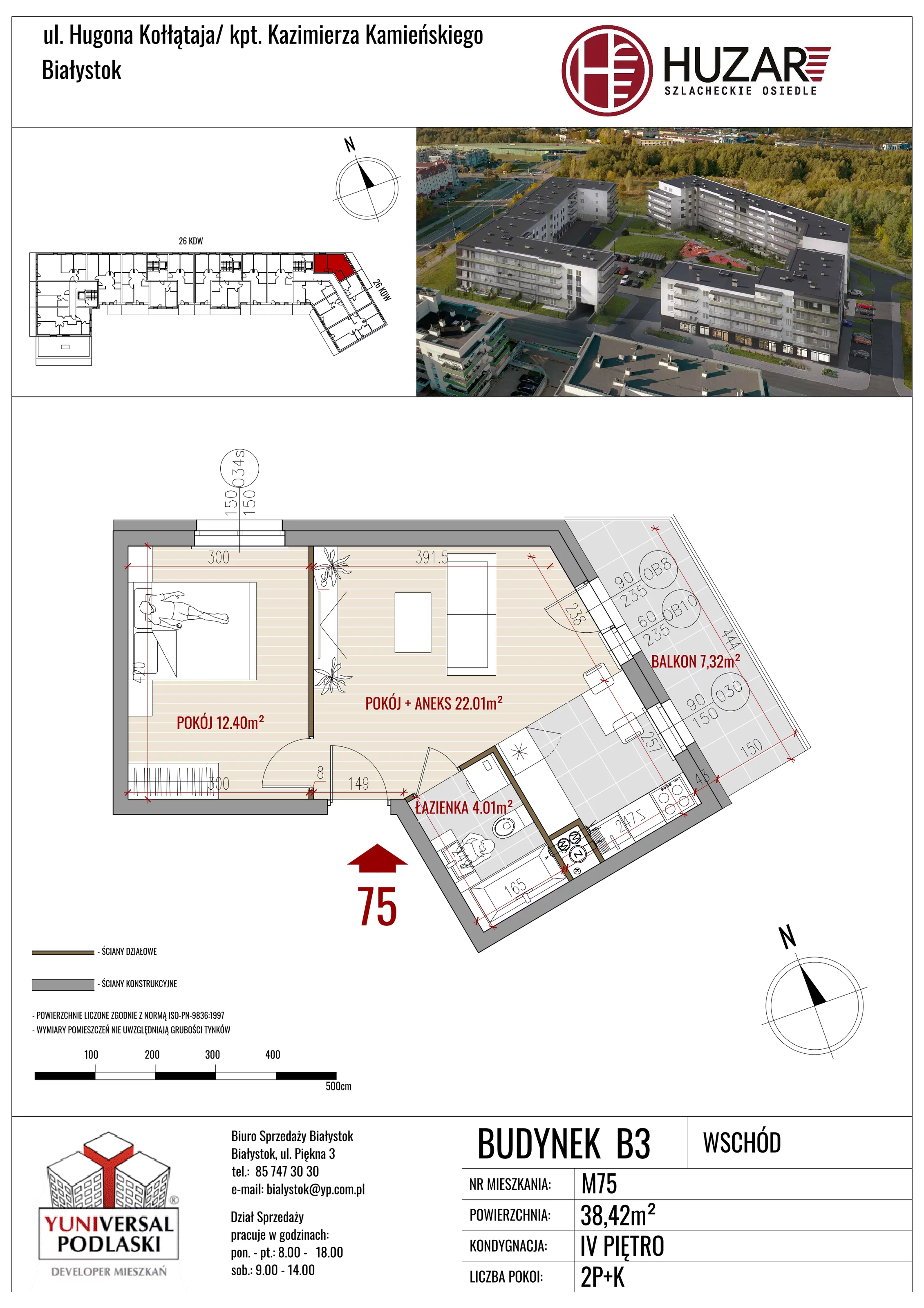 2 pokoje, mieszkanie 38,42 m², piętro 4, oferta nr B3/75, Huzar B3, Białystok, Bacieczki, ul. Hugona Kołłątaja / kpt. Kazimierza Kamieńskiego