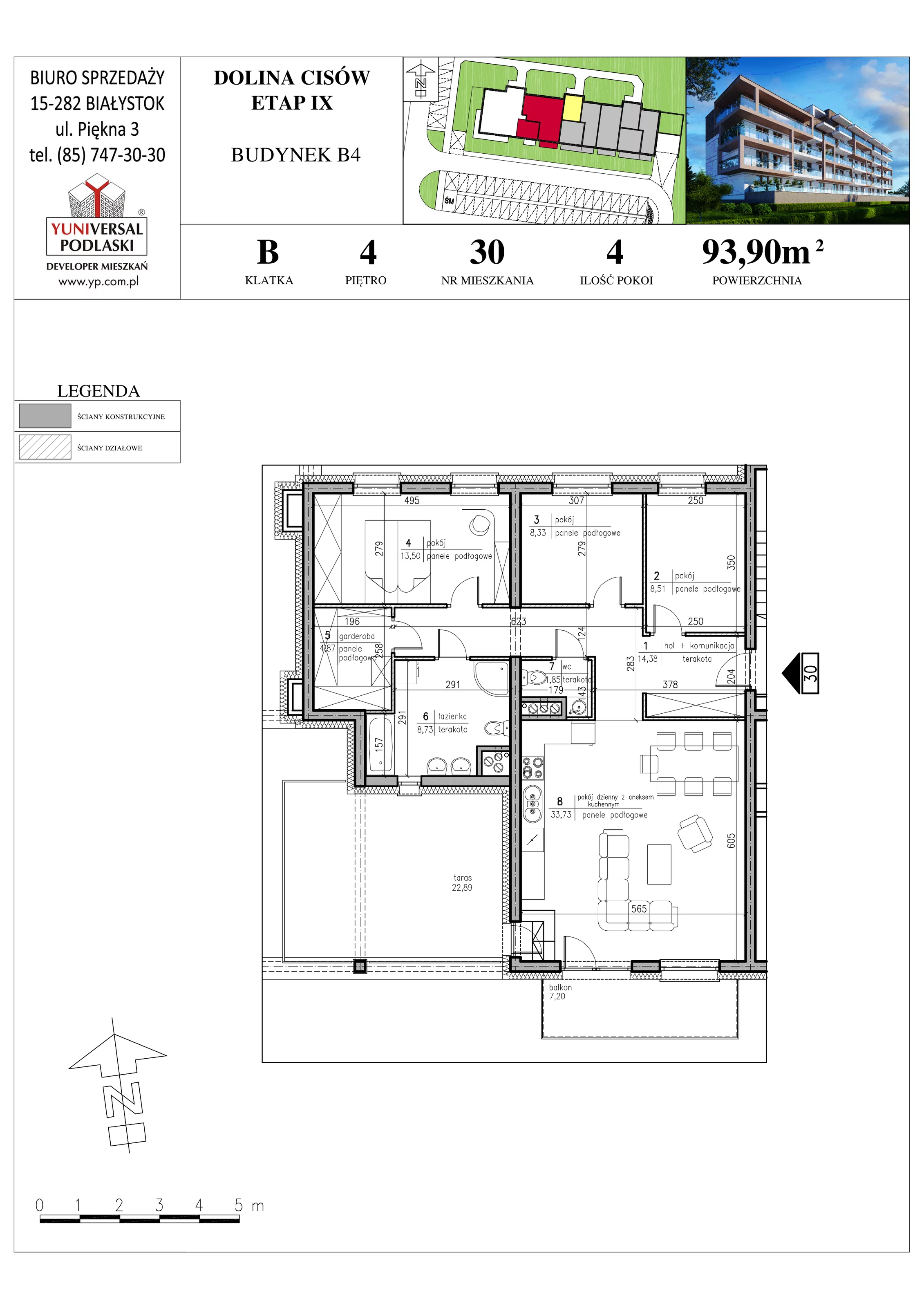 4 pokoje, mieszkanie 93,90 m², piętro 4, oferta nr B4-30, Osiedle Dolina Cisów B4 i B5, Wasilków, ul. Nadawki