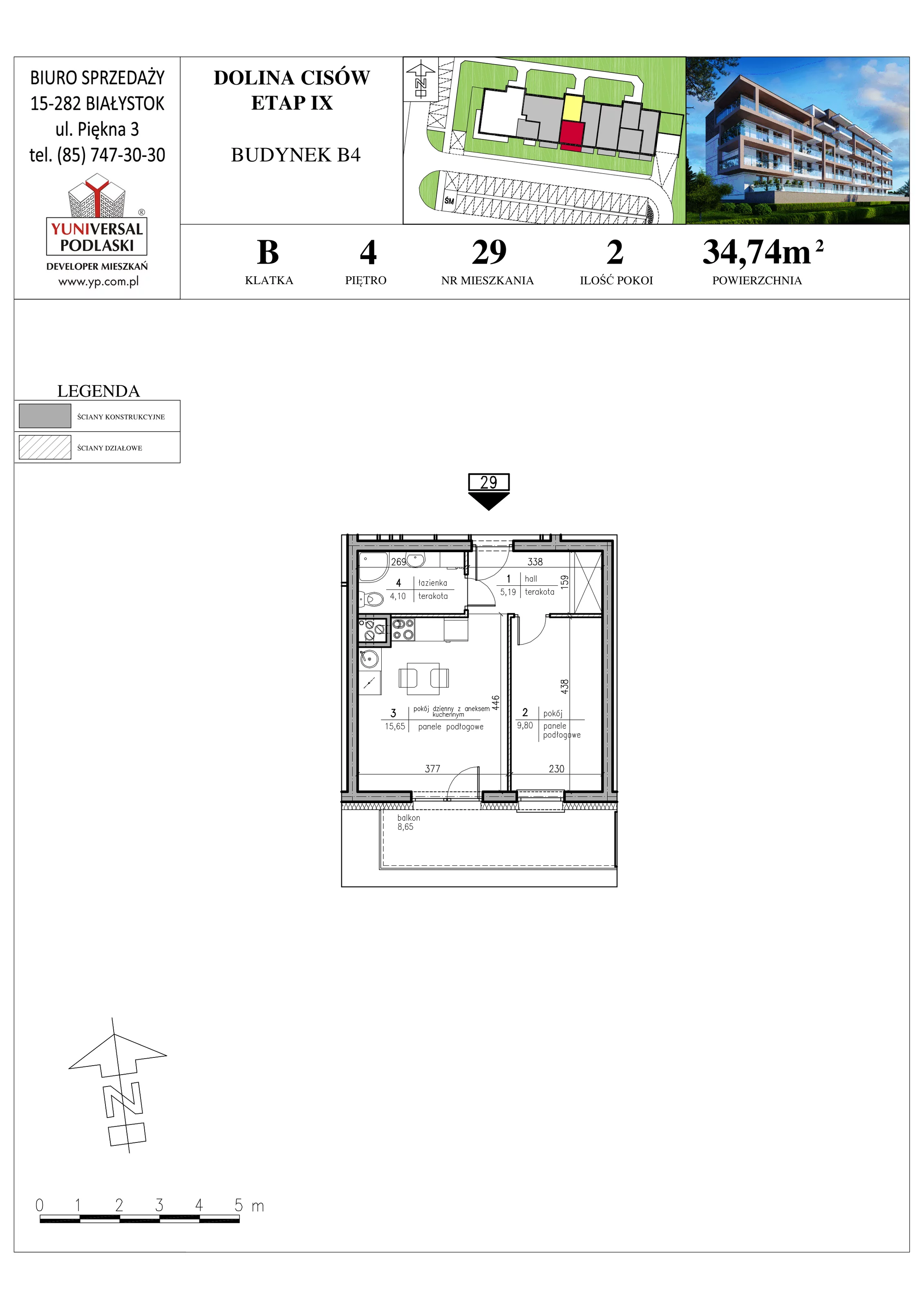 2 pokoje, mieszkanie 34,74 m², piętro 4, oferta nr B4-29, Osiedle Dolina Cisów B4 i B5, Wasilków, ul. Nadawki