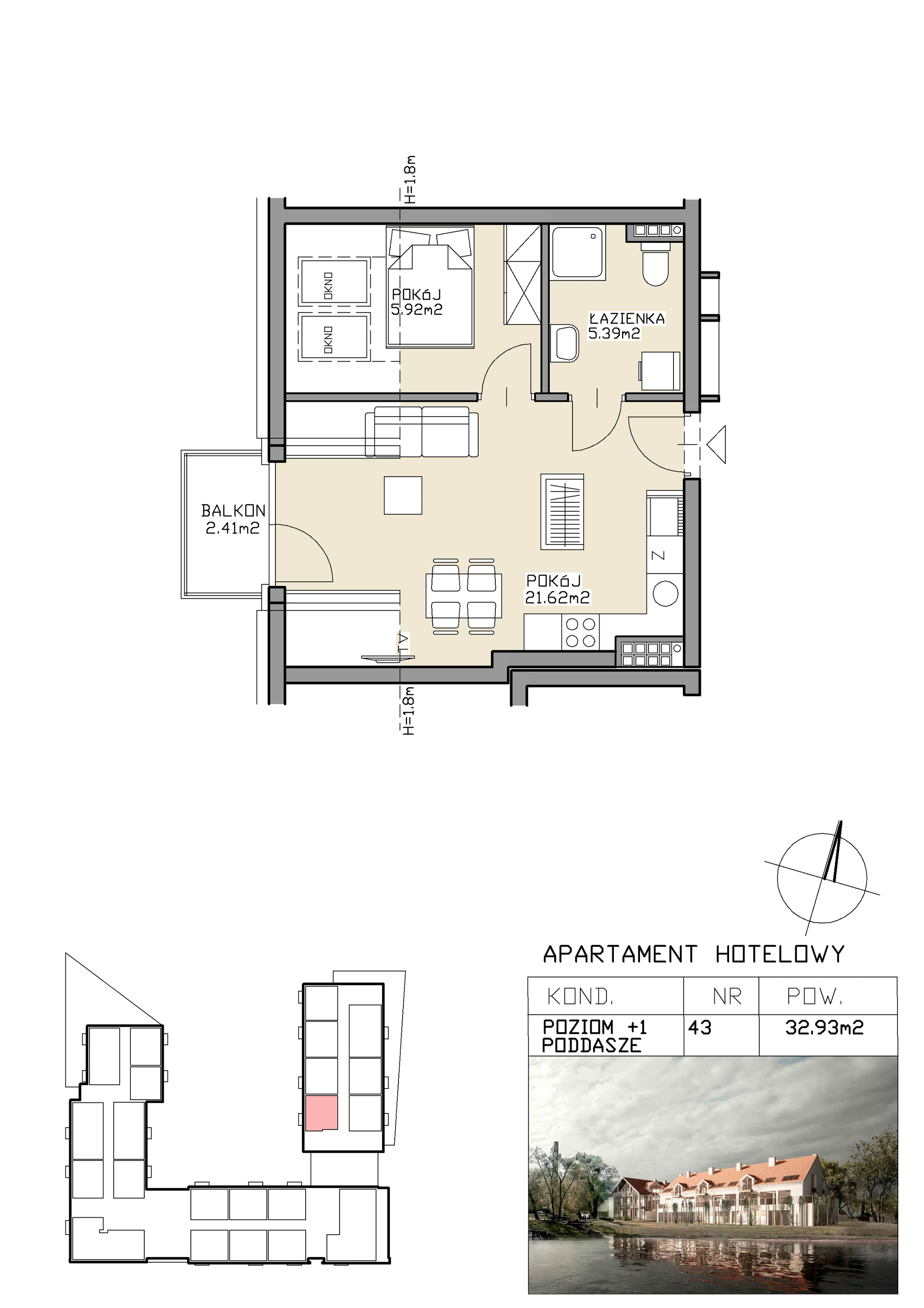 2 pokoje, apartament inwestycyjny 32,93 m², piętro 1, oferta nr 43, Apartamenty Zdrój, Supraśl, ul. Stanisława Konarskiego