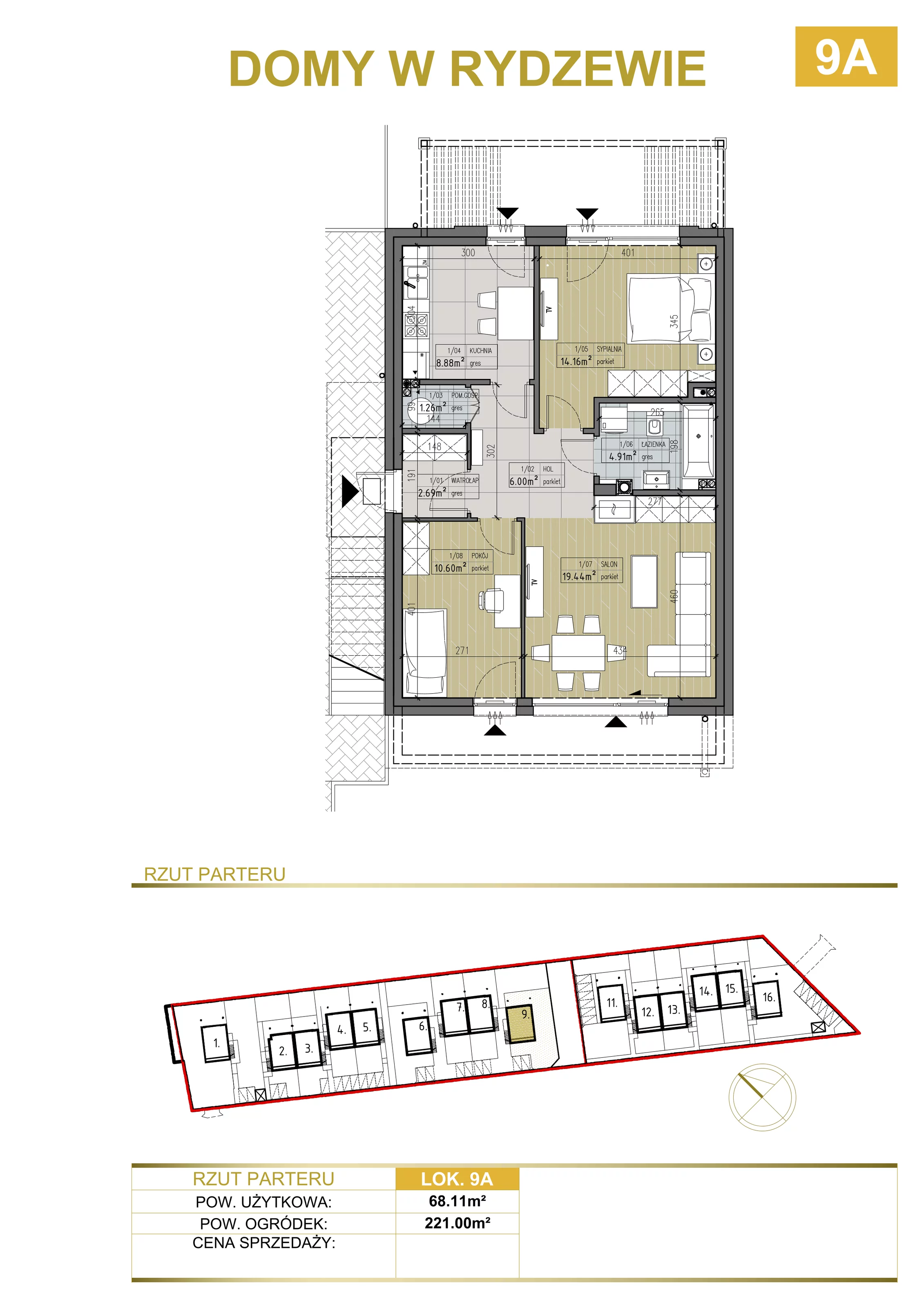 3 pokoje, mieszkanie 68,11 m², parter, oferta nr 9A, Domy w Rydzewie, Rydzewo, ul. Akacjowa