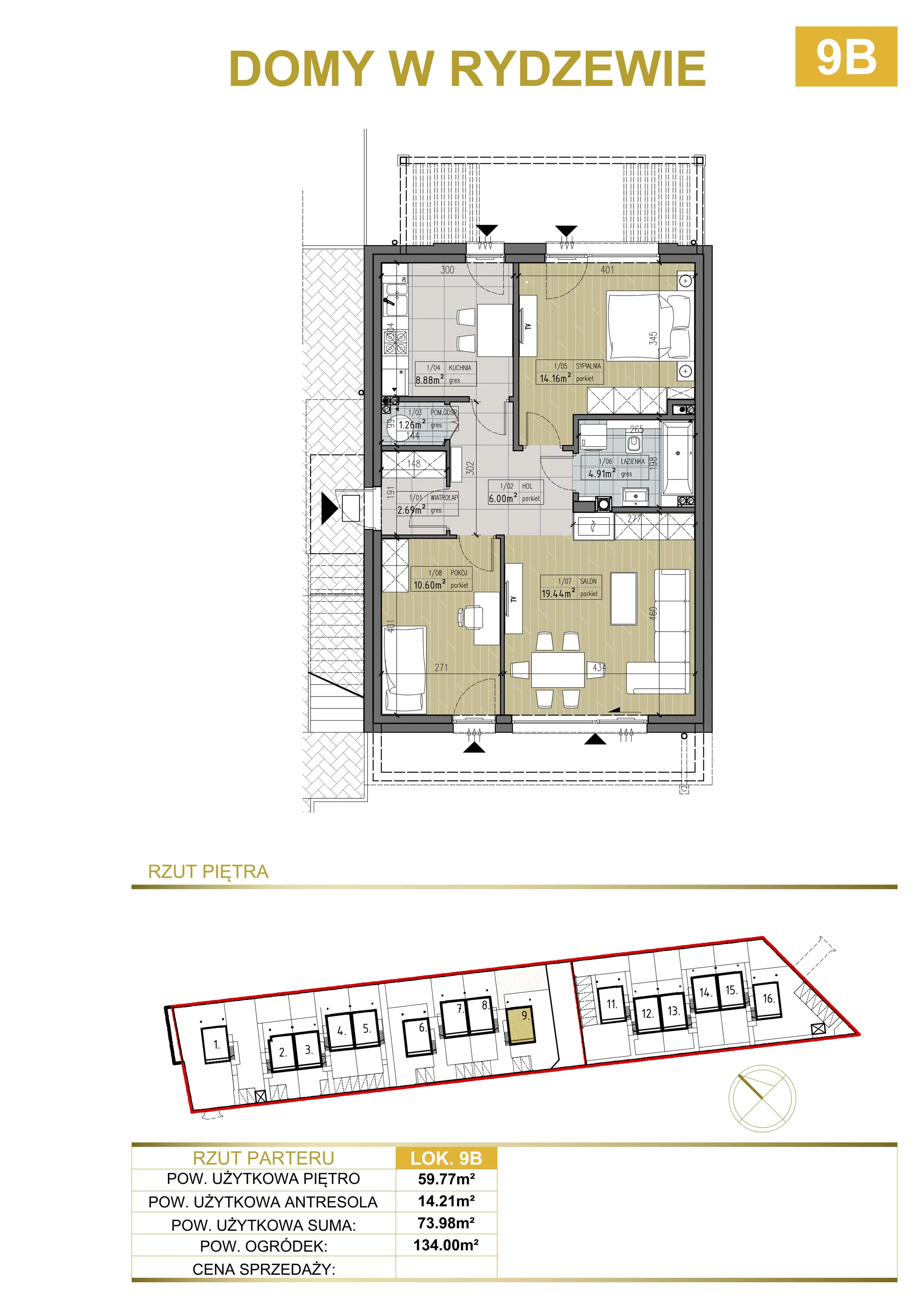 2 pokoje, mieszkanie 73,98 m², piętro 1, oferta nr 9B, Domy w Rydzewie, Rydzewo, ul. Akacjowa