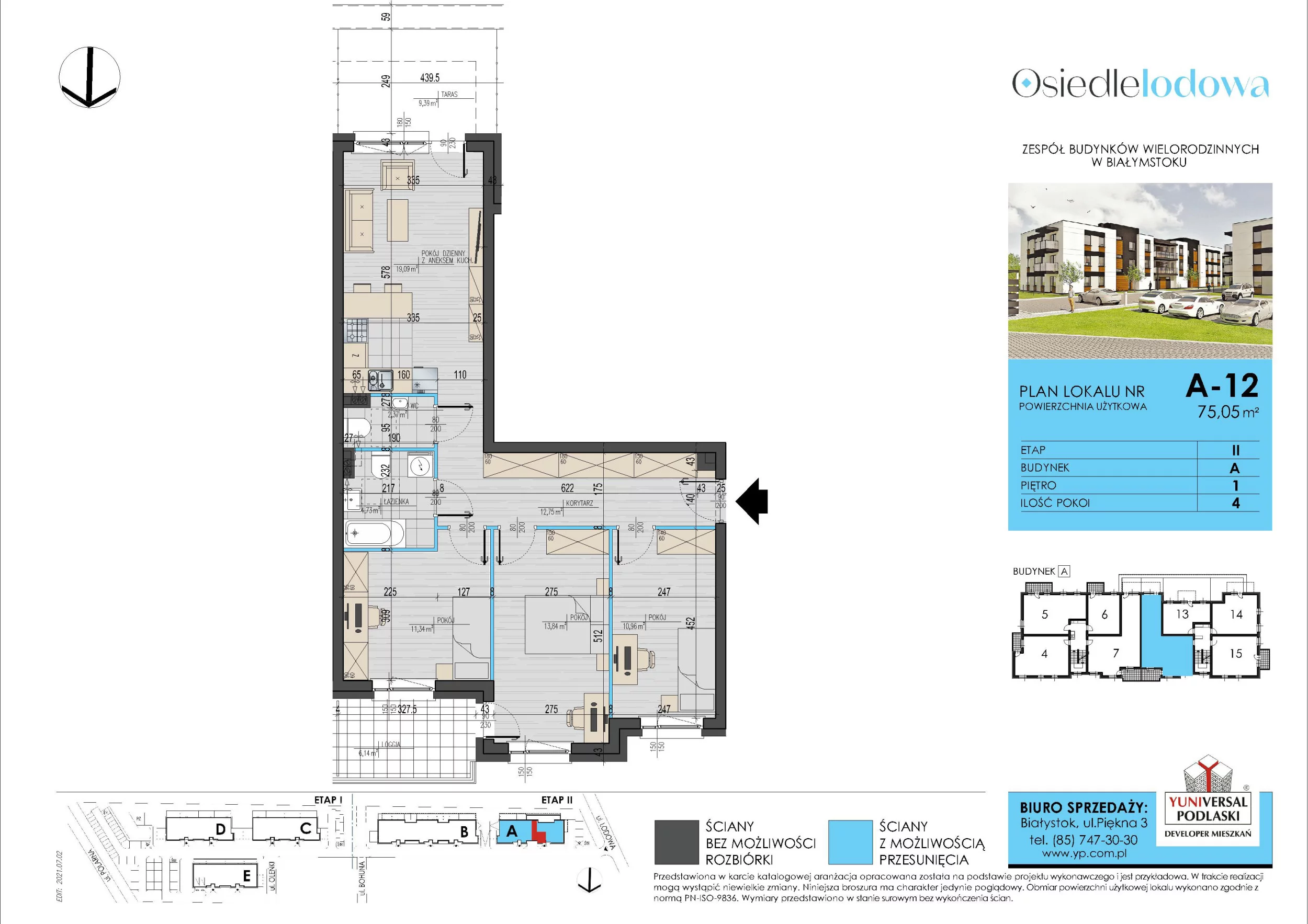 Mieszkanie 75,05 m², piętro 1, oferta nr 12/A, Osiedle Lodowa - Etap II, Białystok, Zawady, ul. Lodowa