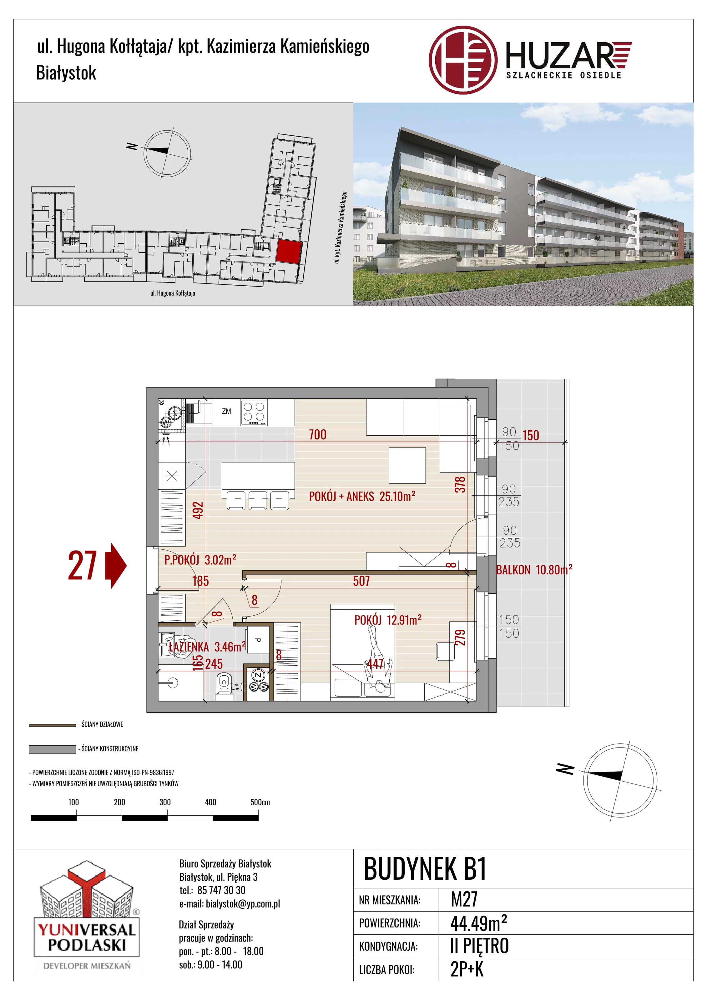 Mieszkanie 44,49 m², piętro 2, oferta nr B1/27, Huzar, Białystok, Bacieczki, ul. Hugona Kołłątaja / kpt. Kazimierza Kamieńskiego