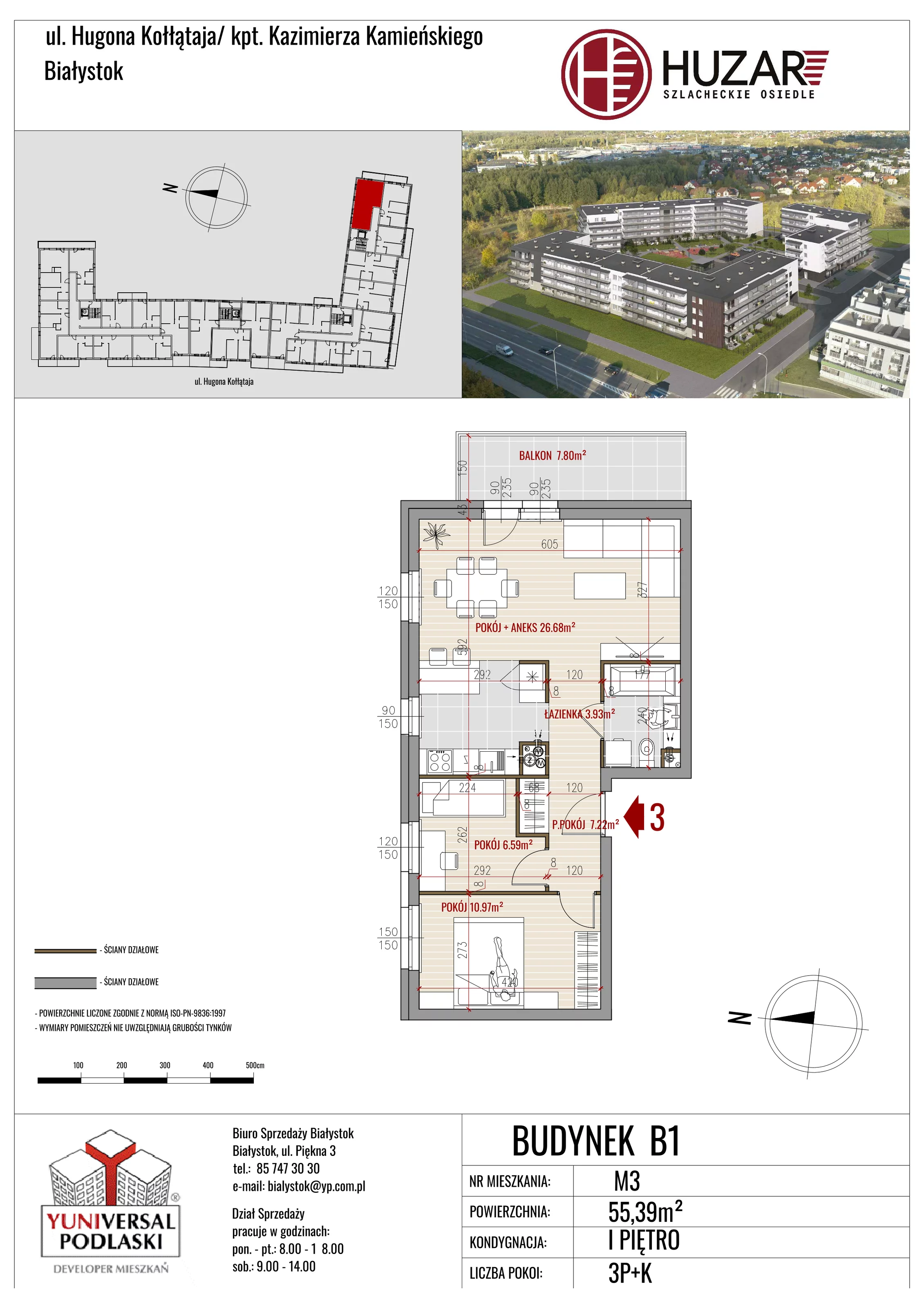 Mieszkanie 55,39 m², piętro 1, oferta nr B1/3, Huzar, Białystok, Bacieczki, ul. Hugona Kołłątaja / kpt. Kazimierza Kamieńskiego