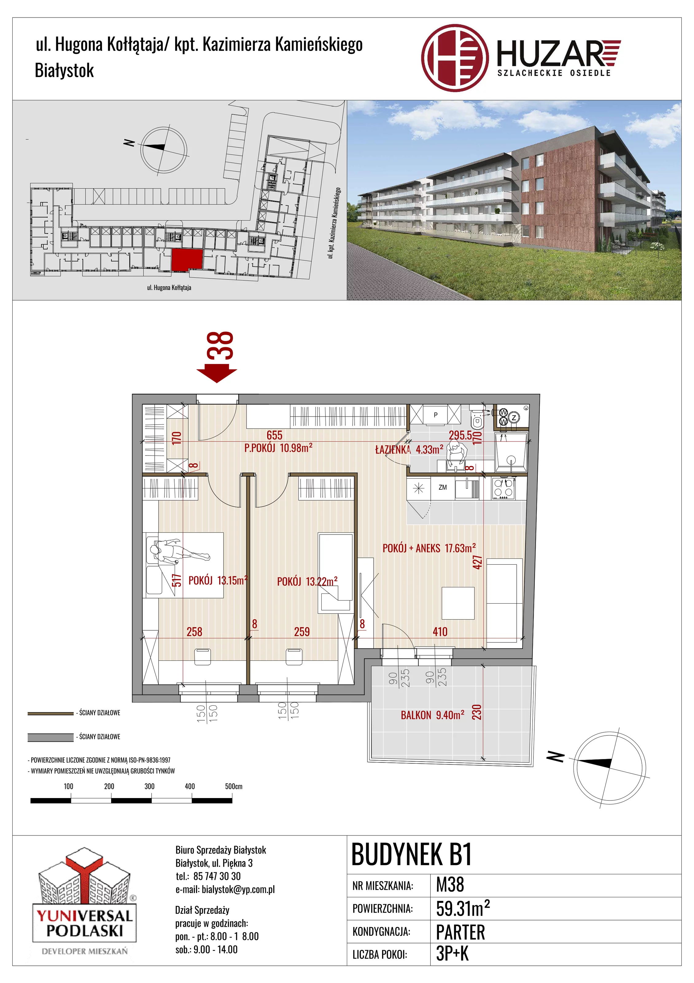 Mieszkanie 59,31 m², parter, oferta nr B1/38, Huzar, Białystok, Bacieczki, ul. Hugona Kołłątaja / kpt. Kazimierza Kamieńskiego