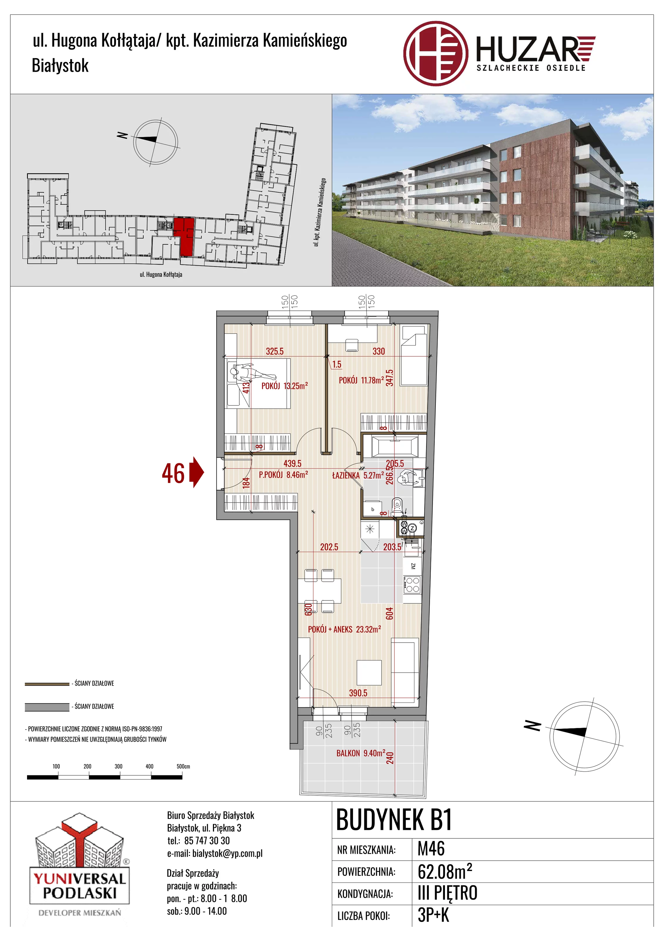 Mieszkanie 62,08 m², piętro 3, oferta nr B1/46, Huzar, Białystok, Bacieczki, ul. Hugona Kołłątaja / kpt. Kazimierza Kamieńskiego