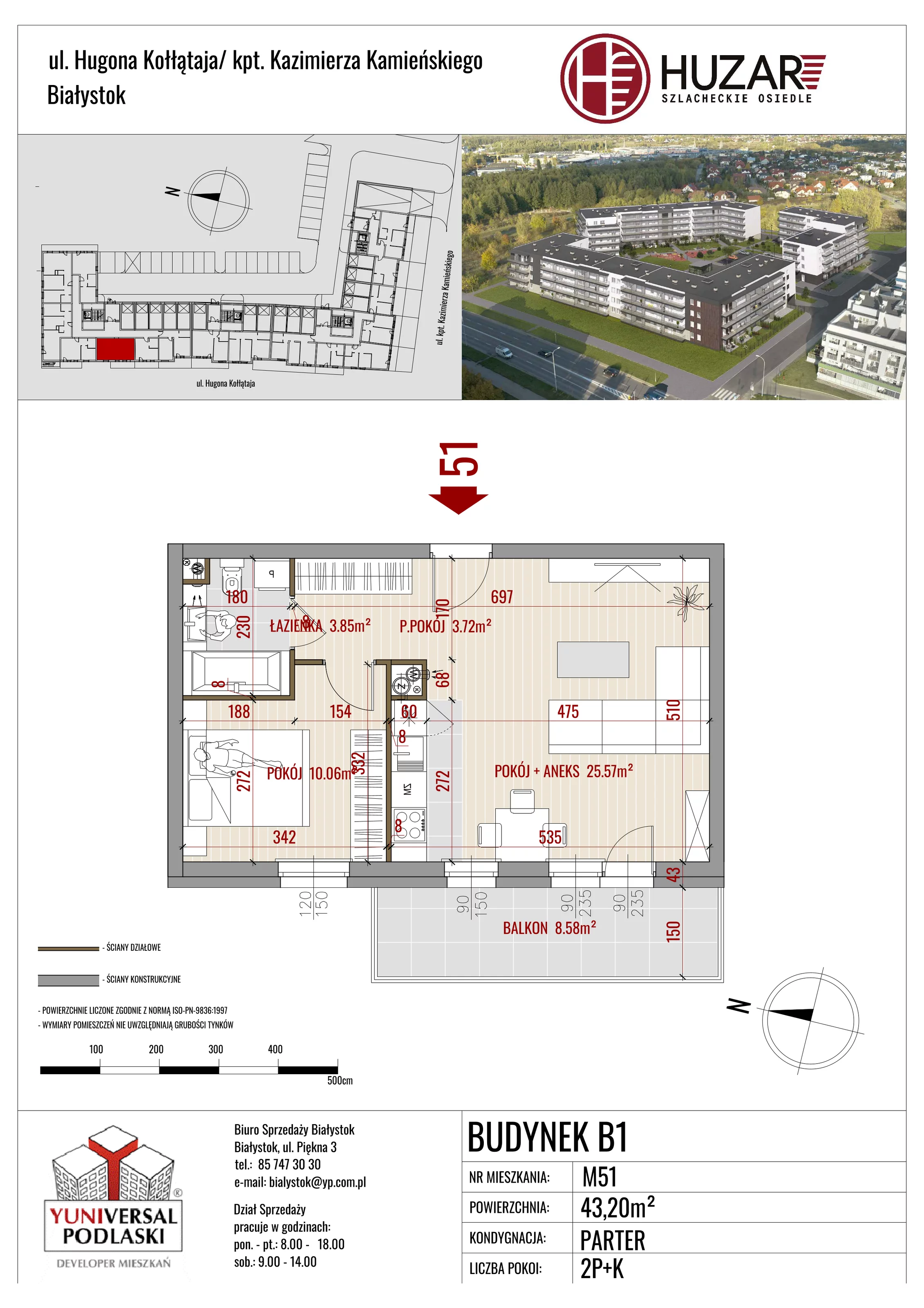 Mieszkanie 43,20 m², parter, oferta nr B1/51, Huzar, Białystok, Bacieczki, ul. Hugona Kołłątaja / kpt. Kazimierza Kamieńskiego