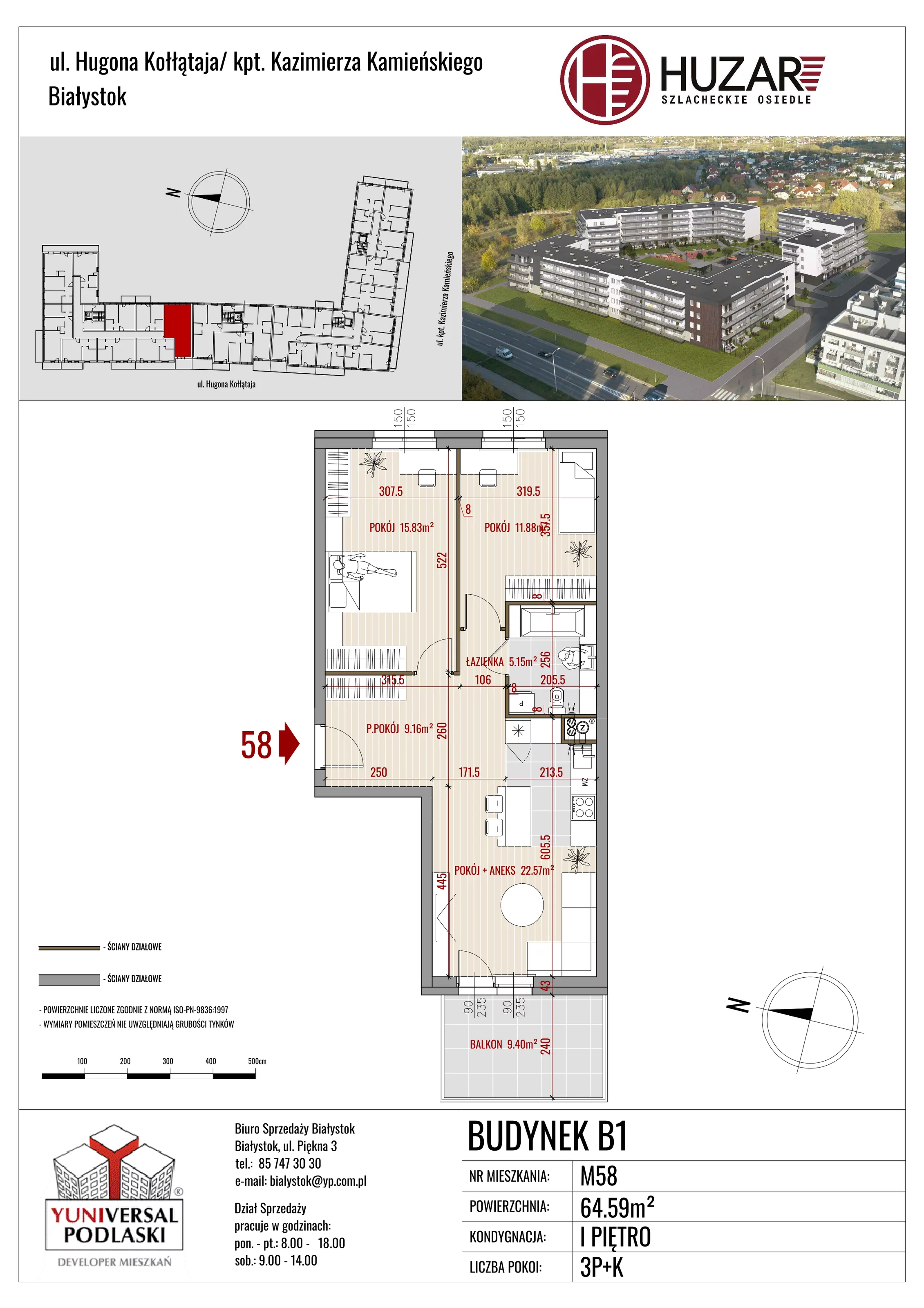 Mieszkanie 64,59 m², piętro 1, oferta nr B1/58, Huzar, Białystok, Bacieczki, ul. Hugona Kołłątaja / kpt. Kazimierza Kamieńskiego