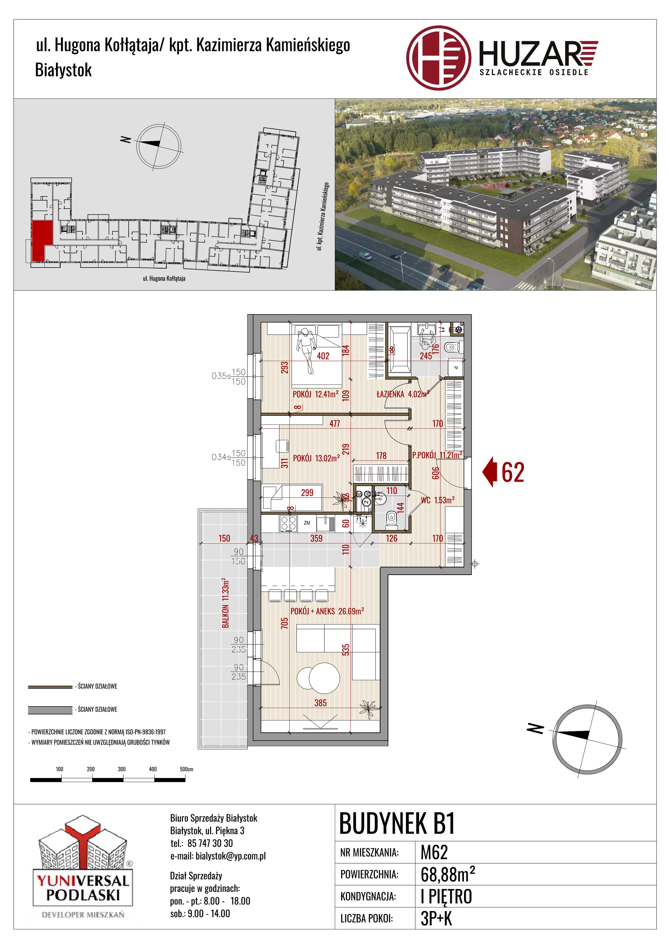 Mieszkanie 68,88 m², piętro 1, oferta nr B1/62, Huzar, Białystok, Bacieczki, ul. Hugona Kołłątaja / kpt. Kazimierza Kamieńskiego