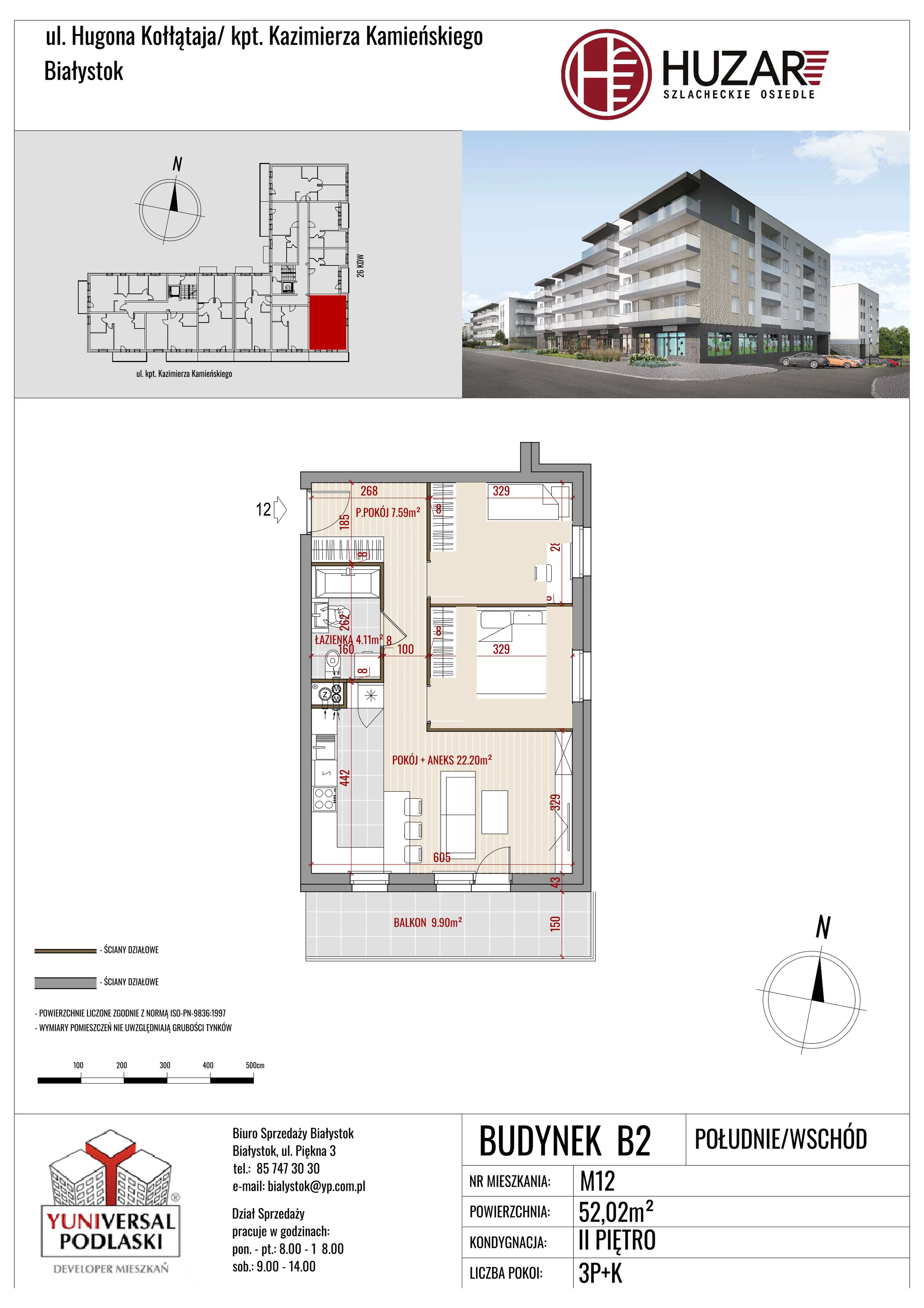 Mieszkanie 52,02 m², piętro 2, oferta nr B2/12, Huzar, Białystok, Bacieczki, ul. Hugona Kołłątaja / kpt. Kazimierza Kamieńskiego