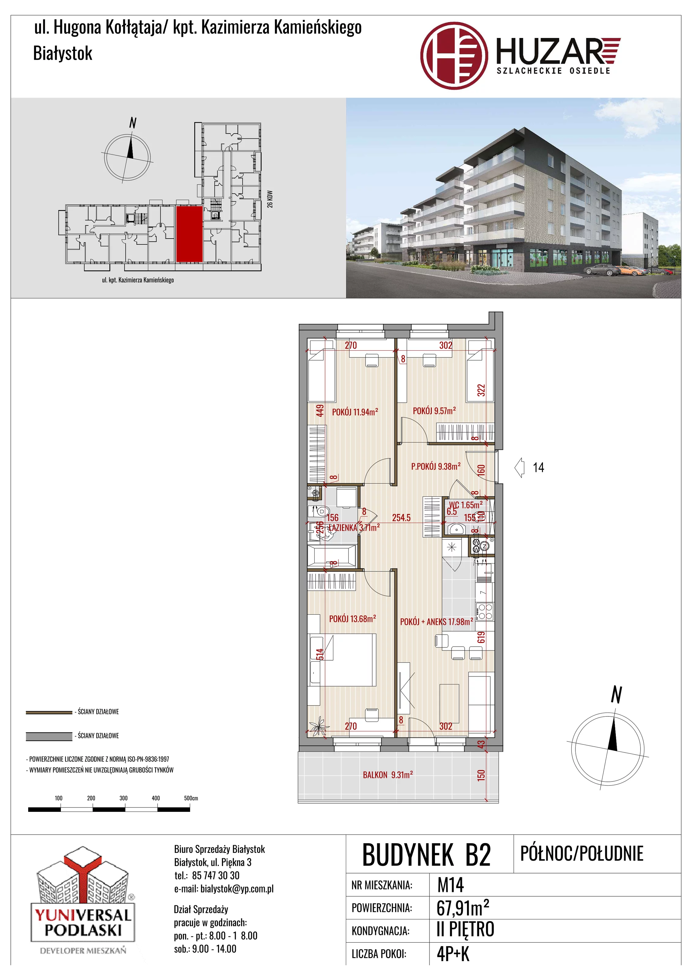 4 pokoje, mieszkanie 67,91 m², piętro 2, oferta nr B2/14, Huzar B1 i B2, Białystok, Bacieczki, ul. Hugona Kołłątaja / kpt. Kazimierza Kamieńskiego