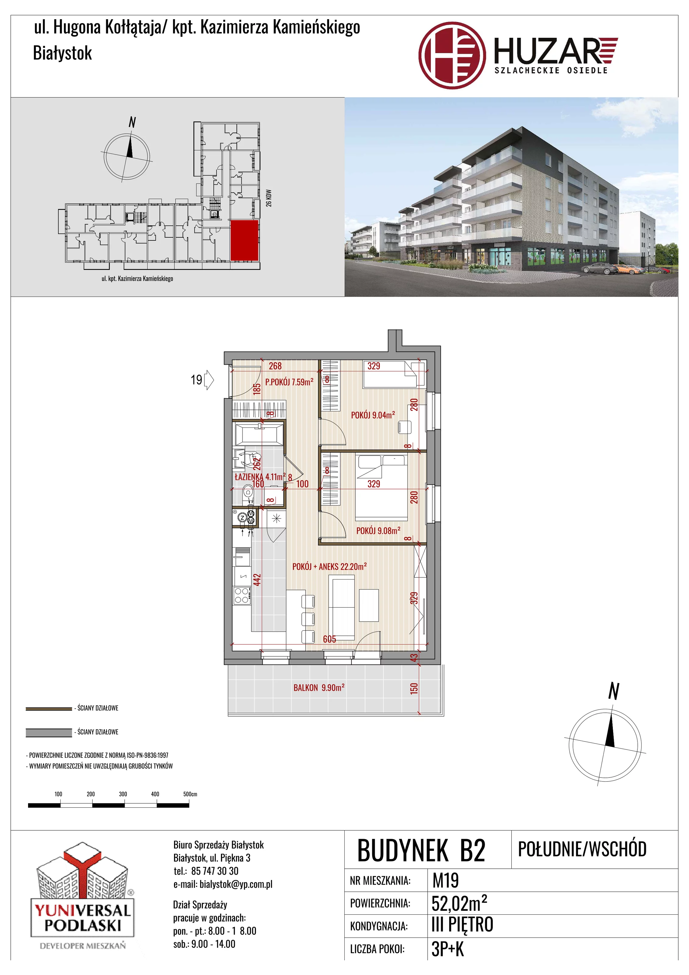 Mieszkanie 52,02 m², piętro 3, oferta nr B2/19, Huzar, Białystok, Bacieczki, ul. Hugona Kołłątaja / kpt. Kazimierza Kamieńskiego