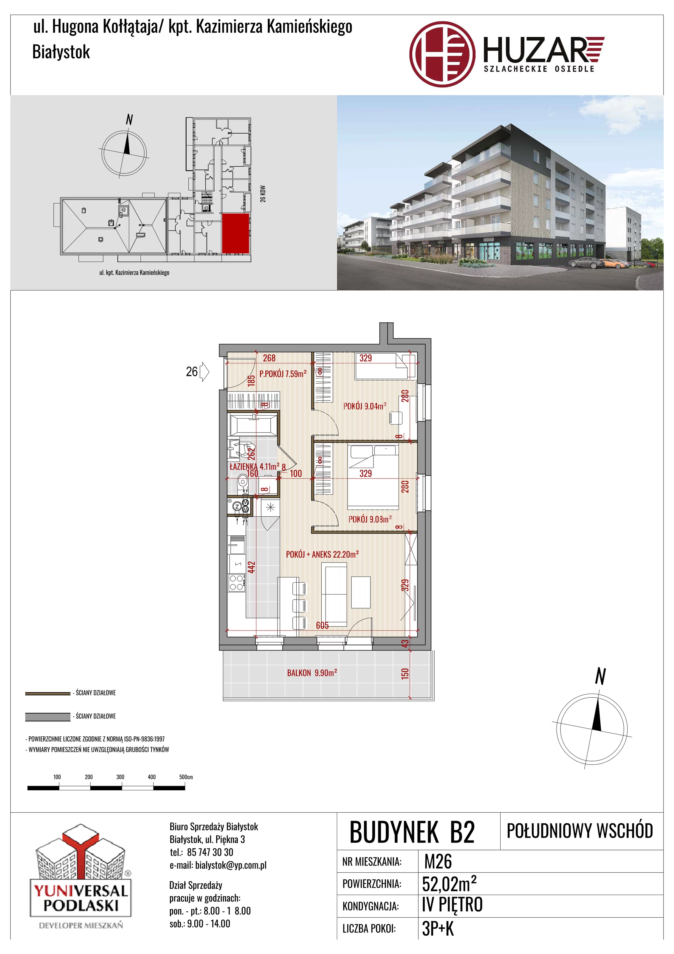 Mieszkanie 52,02 m², piętro 4, oferta nr B2/26, Huzar, Białystok, Bacieczki, ul. Hugona Kołłątaja / kpt. Kazimierza Kamieńskiego