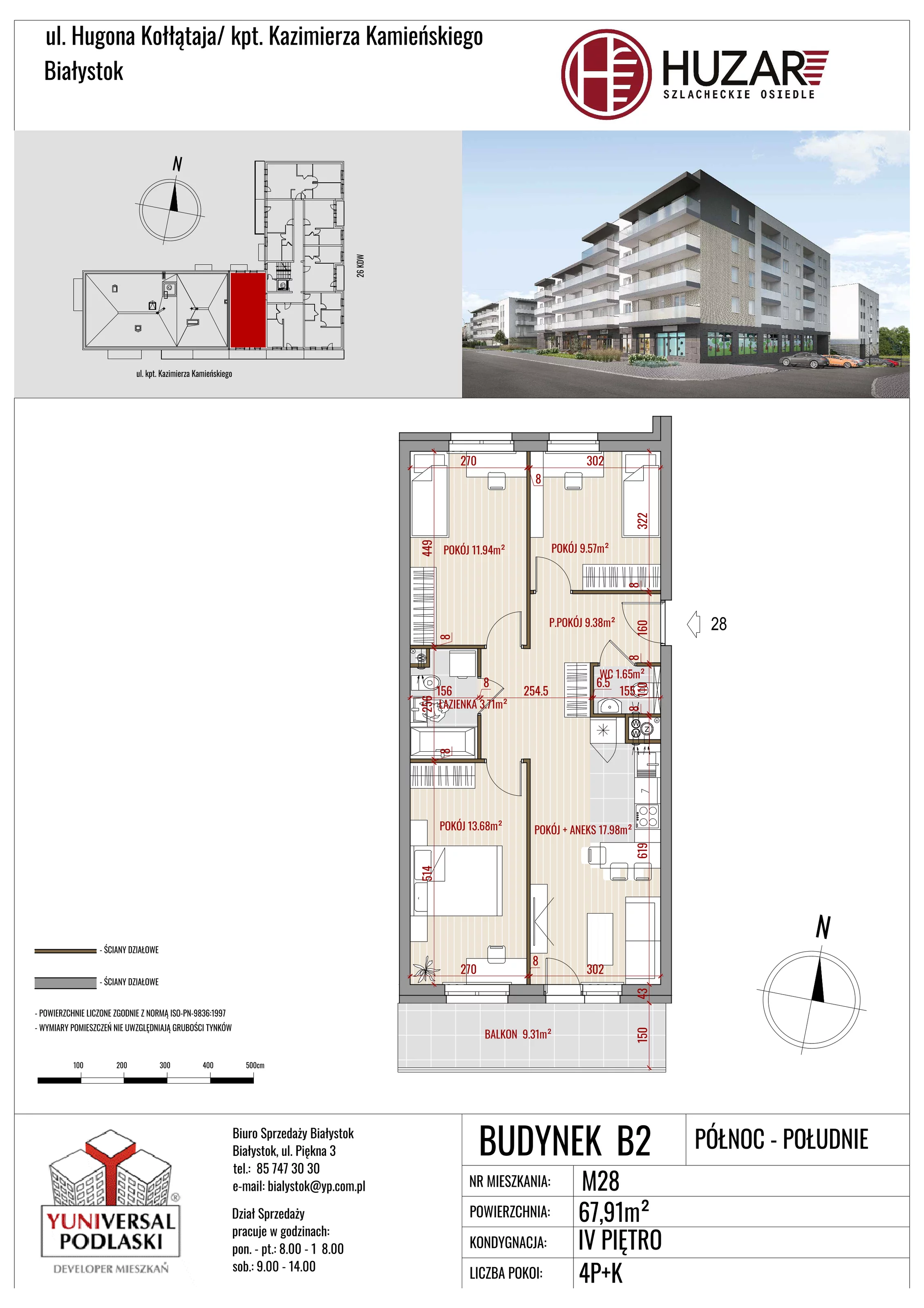 Mieszkanie 67,91 m², piętro 4, oferta nr B2/28, Huzar, Białystok, Bacieczki, ul. Hugona Kołłątaja / kpt. Kazimierza Kamieńskiego