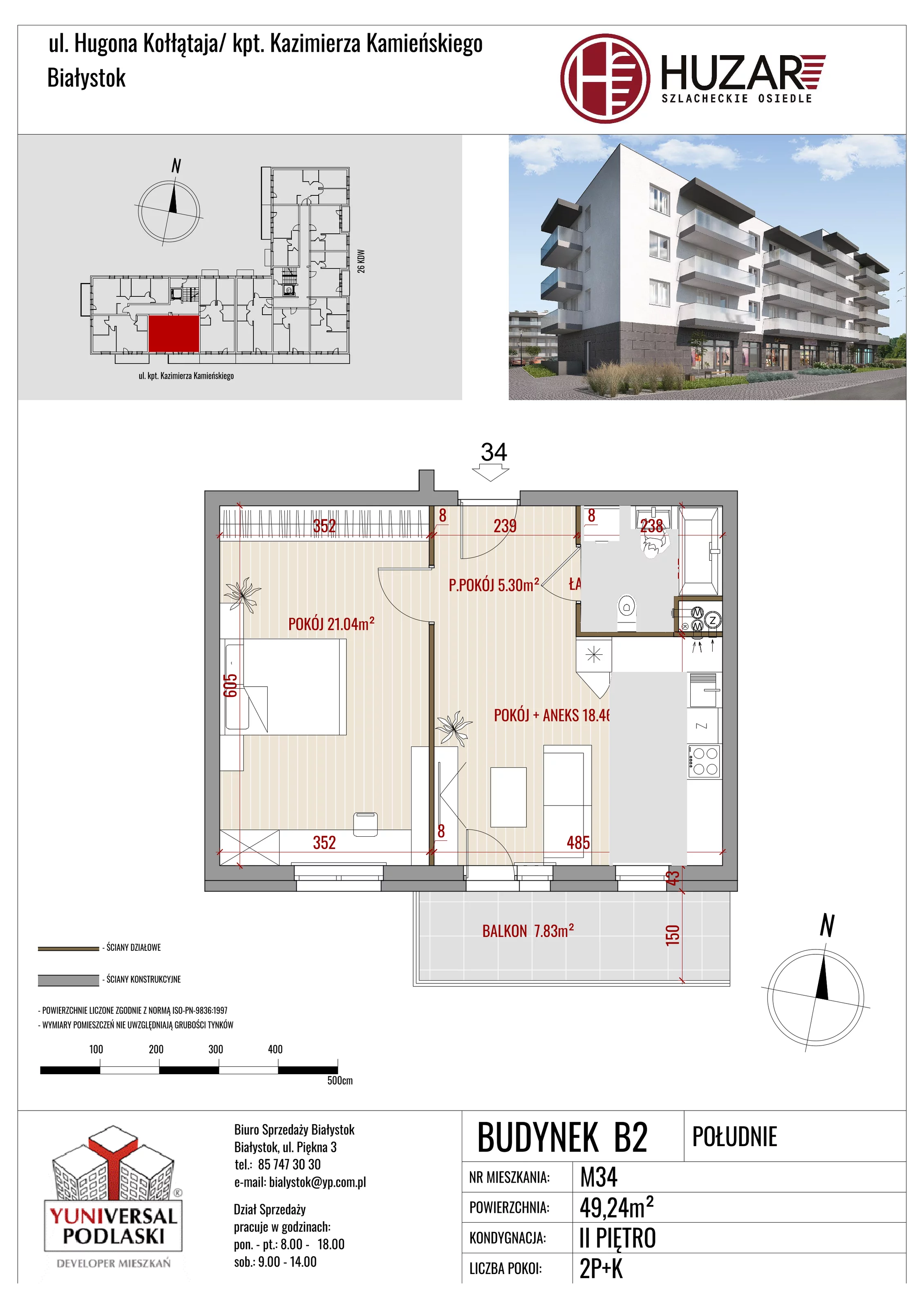 Mieszkanie 49,24 m², piętro 2, oferta nr B2/34, Huzar, Białystok, Bacieczki, ul. Hugona Kołłątaja / kpt. Kazimierza Kamieńskiego