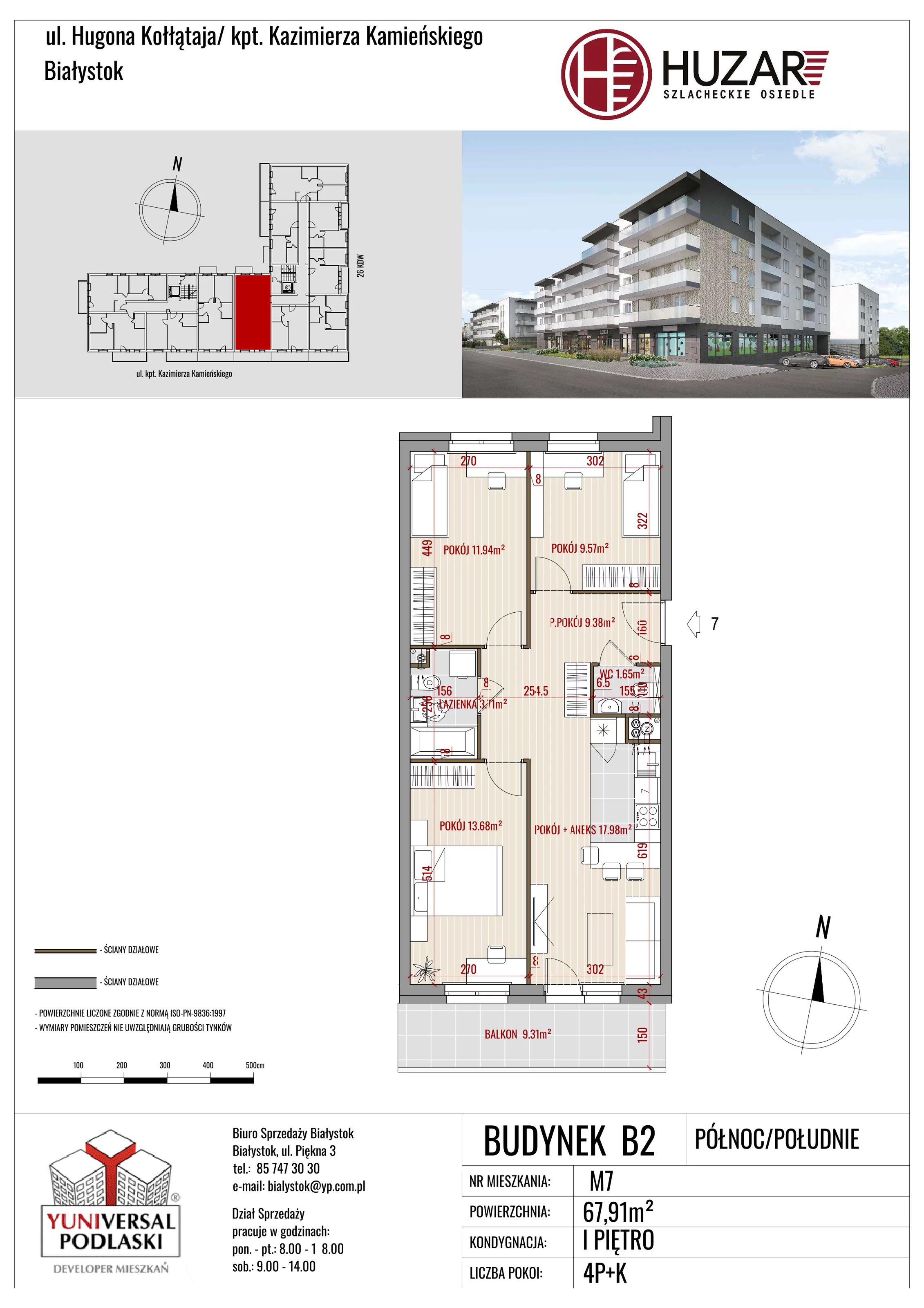 Mieszkanie 67,91 m², piętro 1, oferta nr B2/7, Huzar, Białystok, Bacieczki, ul. Hugona Kołłątaja / kpt. Kazimierza Kamieńskiego