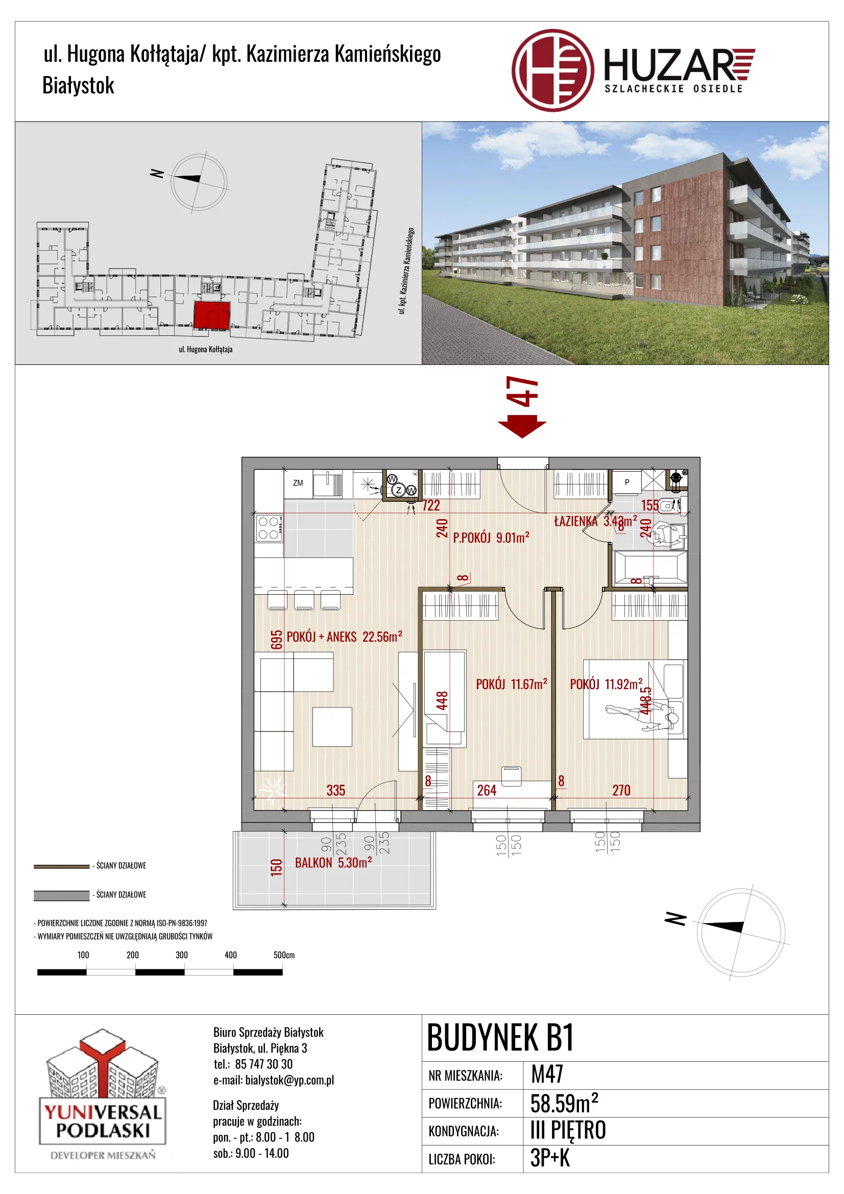 3 pokoje, mieszkanie 58,59 m², piętro 3, oferta nr B1/47, Huzar B1 i B2, Białystok, Bacieczki, ul. Hugona Kołłątaja / kpt. Kazimierza Kamieńskiego