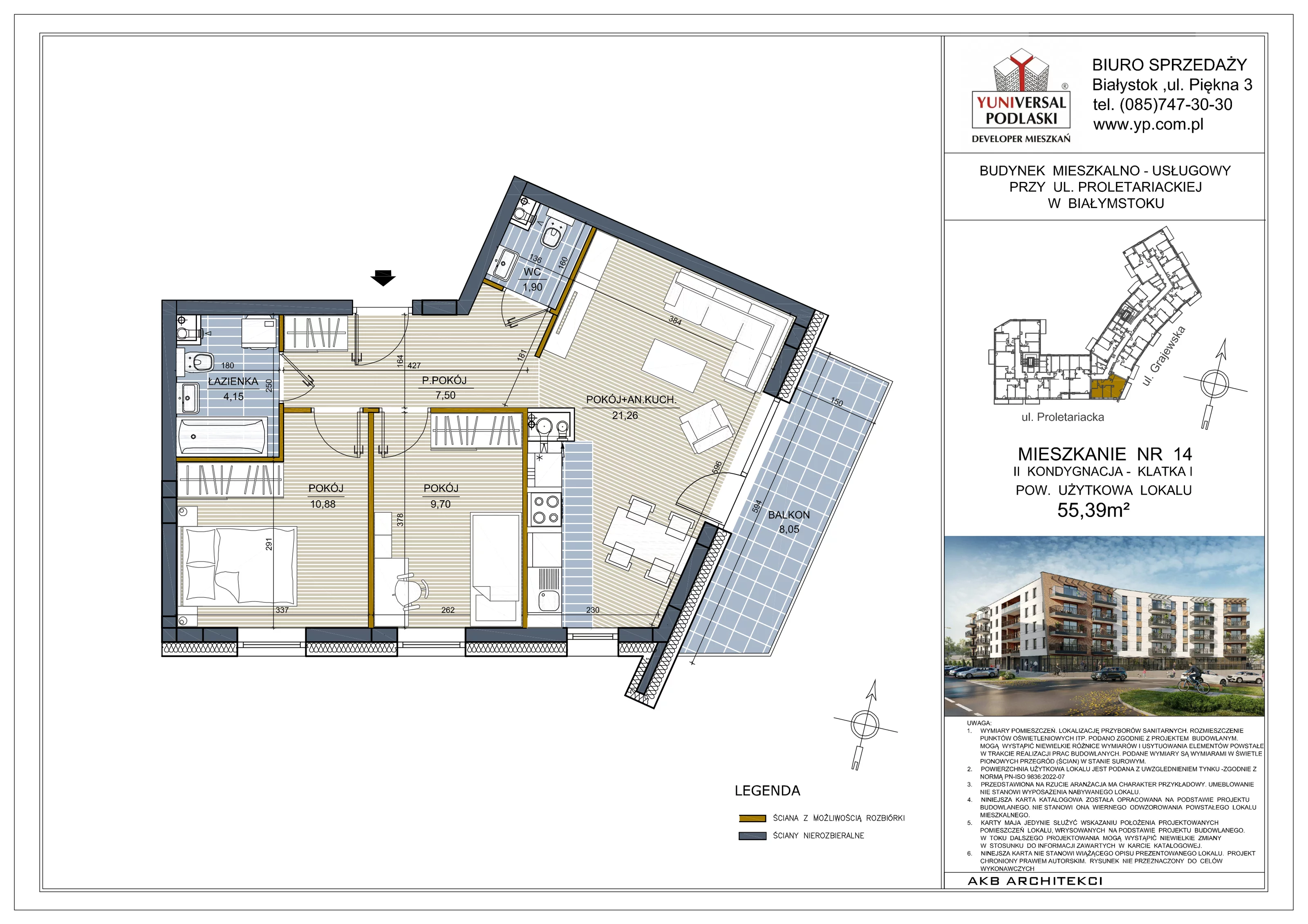 Mieszkanie 55,39 m², piętro 1, oferta nr 14, Perła Śródmieścia, Białystok, Centrum, ul. Proletariacka