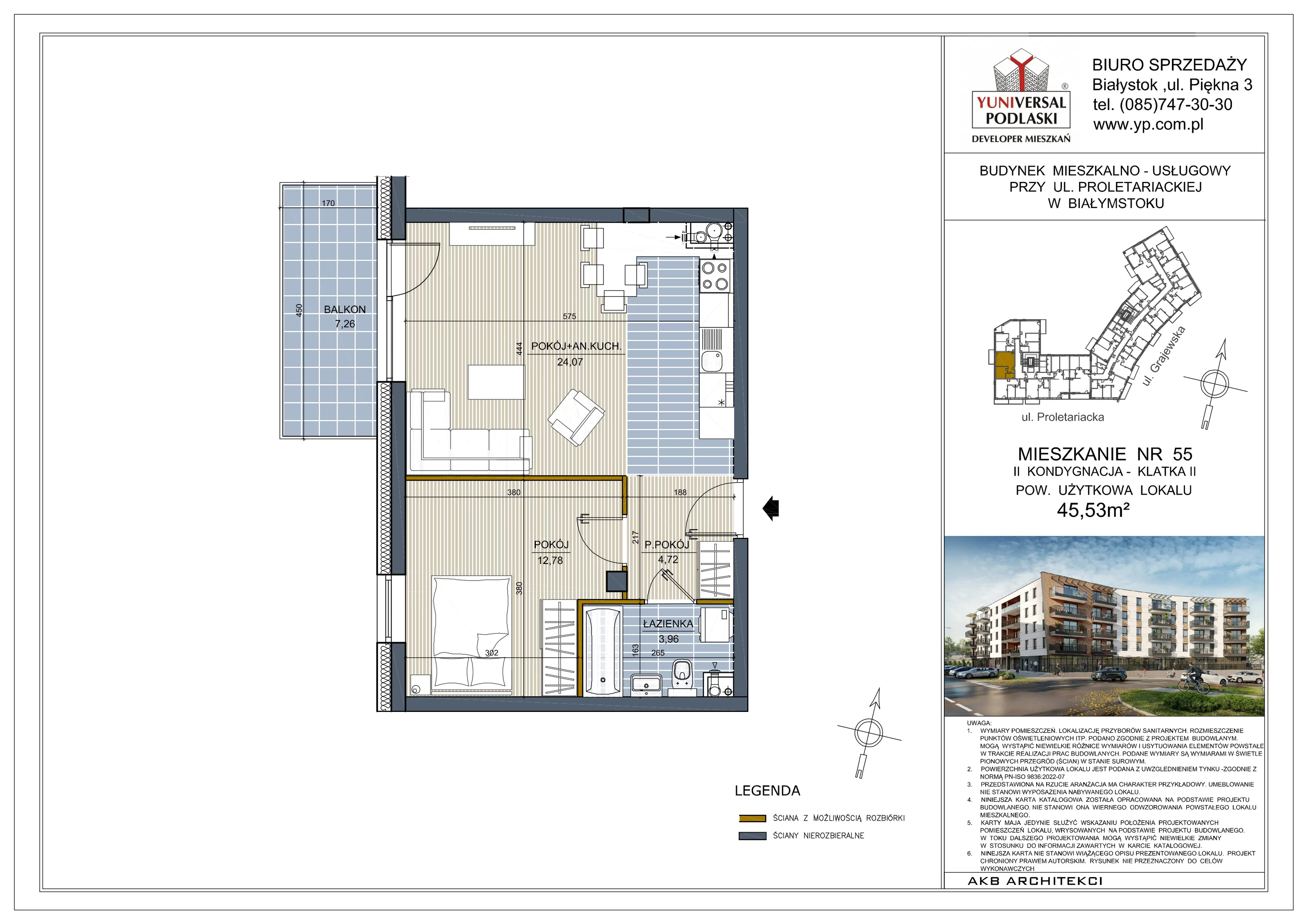 Mieszkanie 45,53 m², piętro 1, oferta nr 55, Perła Śródmieścia, Białystok, Centrum, ul. Proletariacka