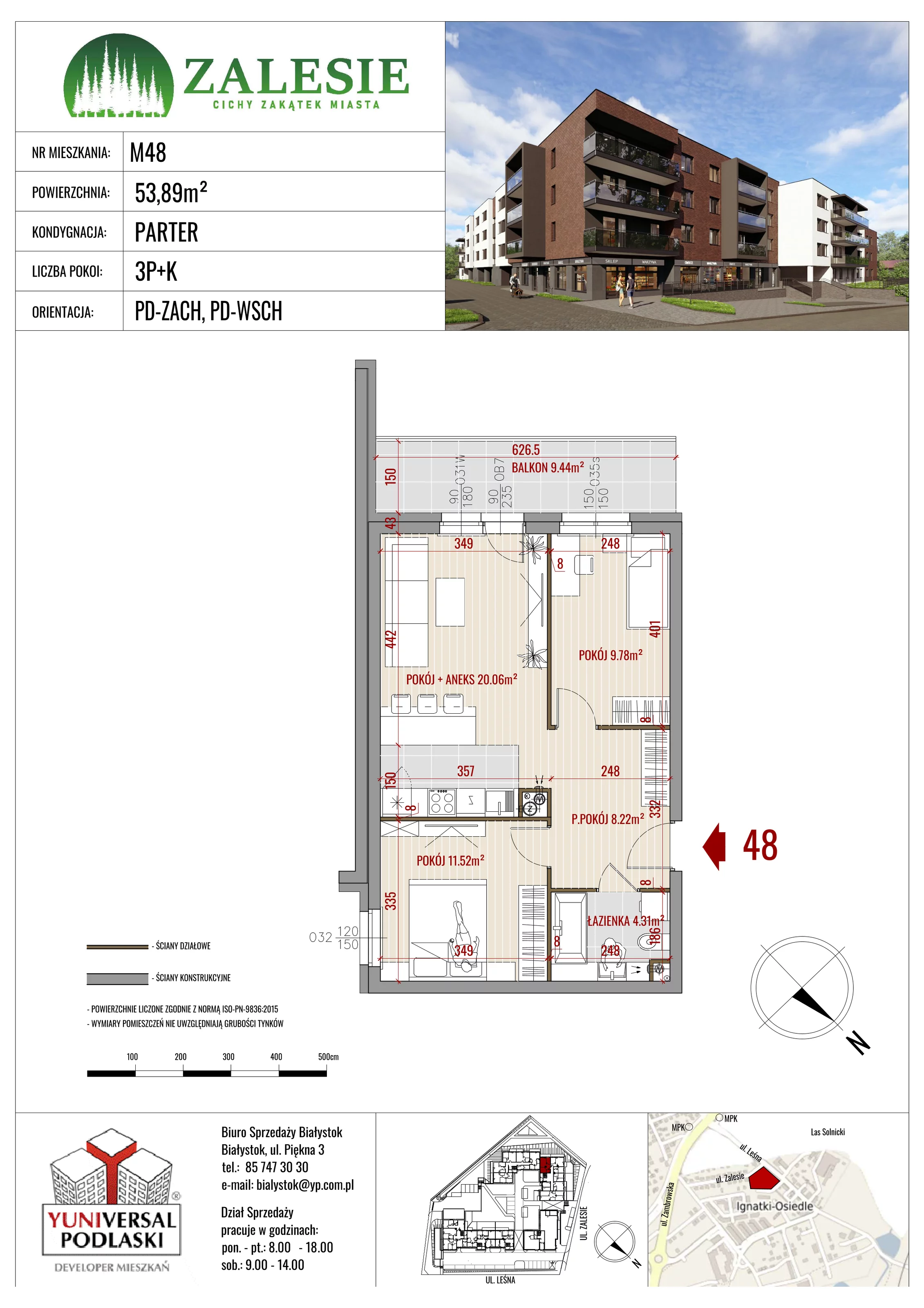 Mieszkanie 53,89 m², parter, oferta nr 48, Zalesie, Ignatki-Osiedle, ul. Leśna