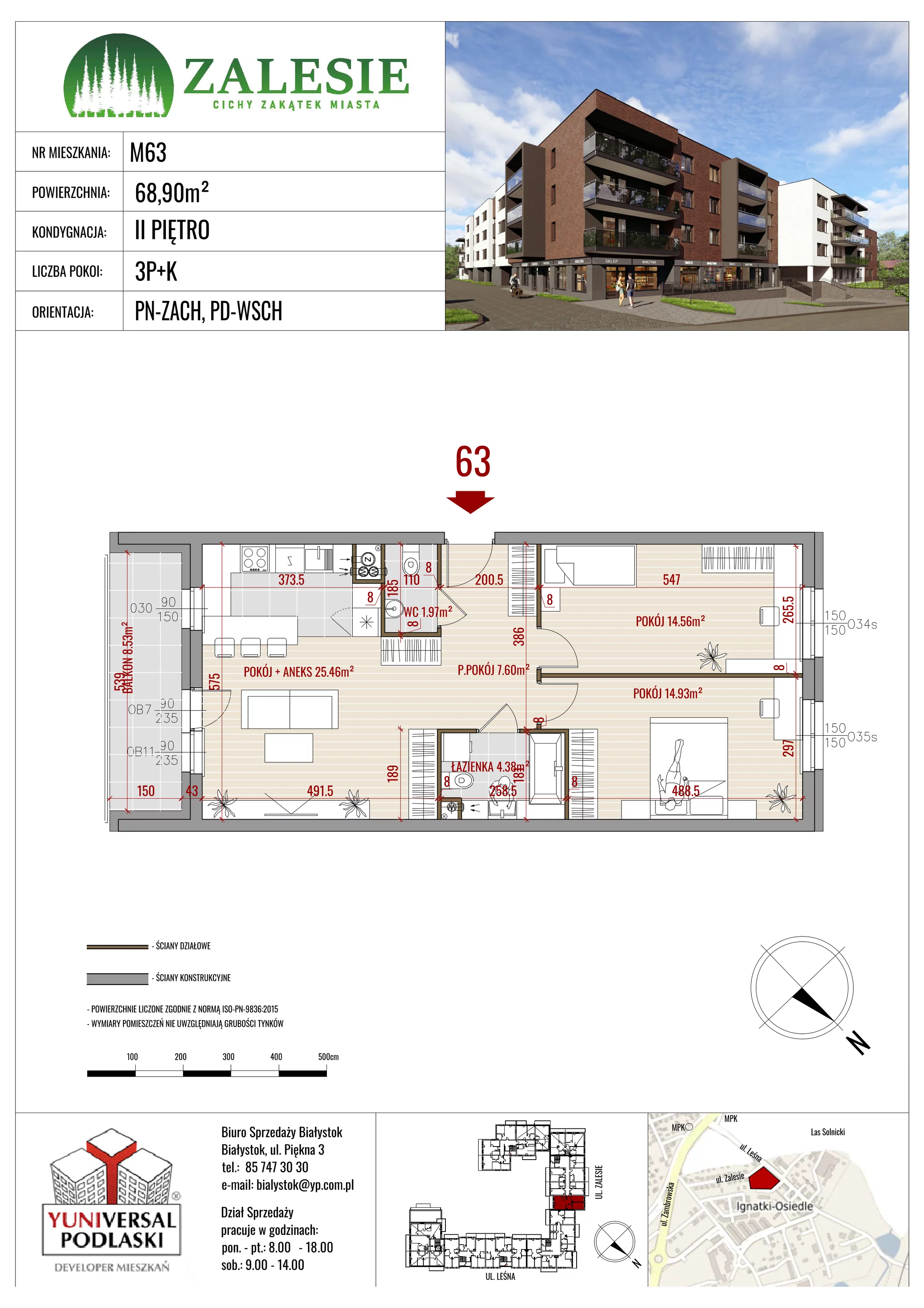 3 pokoje, mieszkanie 68,90 m², piętro 2, oferta nr 63, Zalesie, Ignatki-Osiedle, ul. Leśna