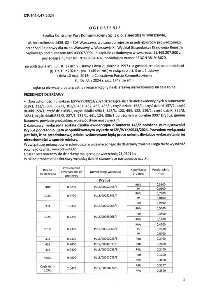 Działka 210 601,00 m², oferta nr , 2381/3186/OGW, Drybus-idx