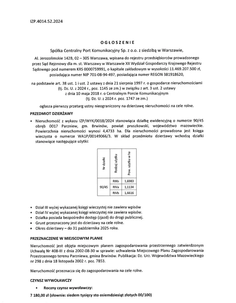 Działka 44 733,00 m², Parzniew, Wynajem