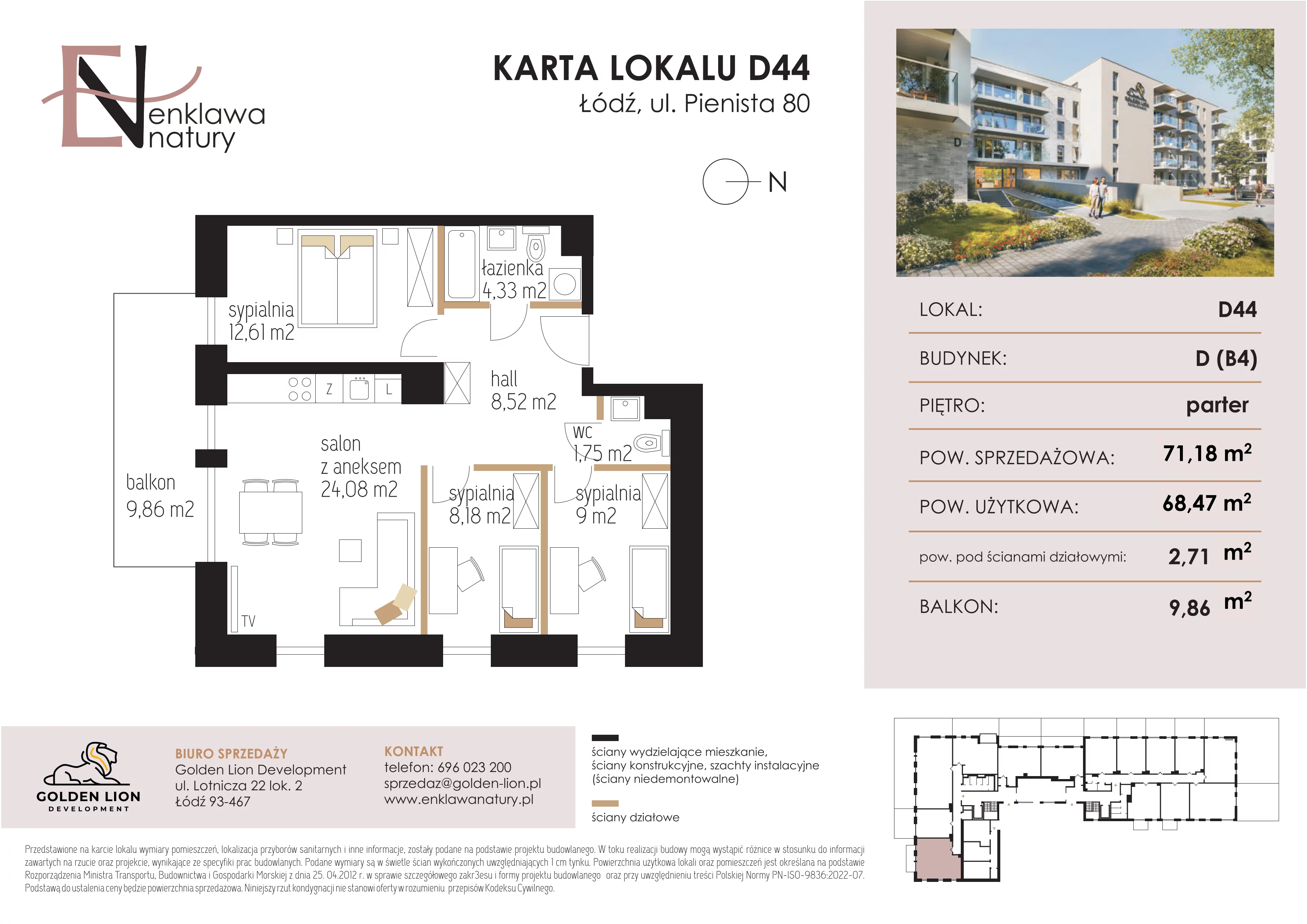4 pokoje, mieszkanie 71,18 m², parter, oferta nr D44, Enklawa Natury, Łódź, Polesie, Lublinek-Pienista, ul. Pienista 80