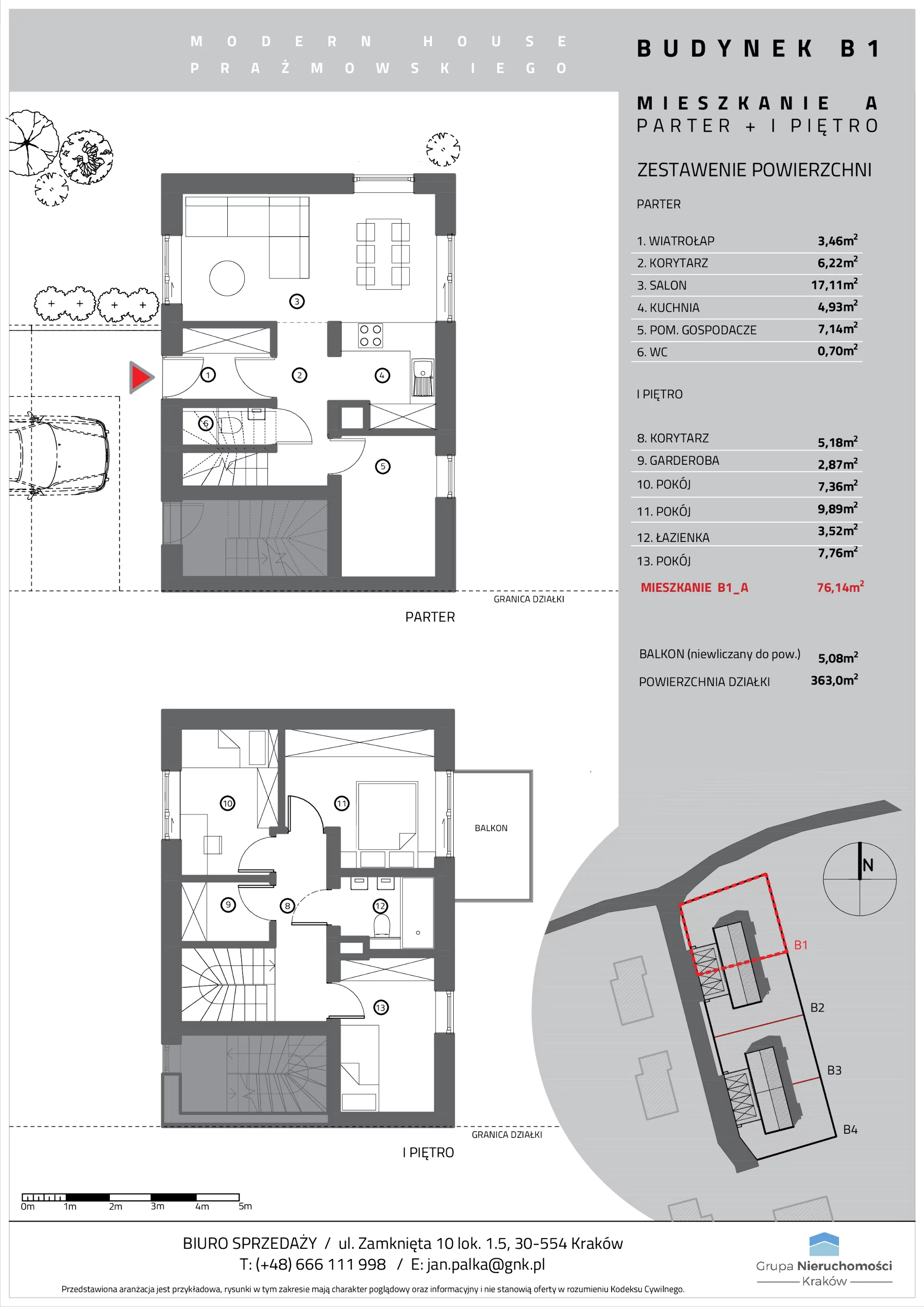 Mieszkanie 76,14 m², parter, oferta nr B1/A, Modern House Prażmowskiego, Kraków, Dębniki, Sidzina, ul. Prażmowskiego