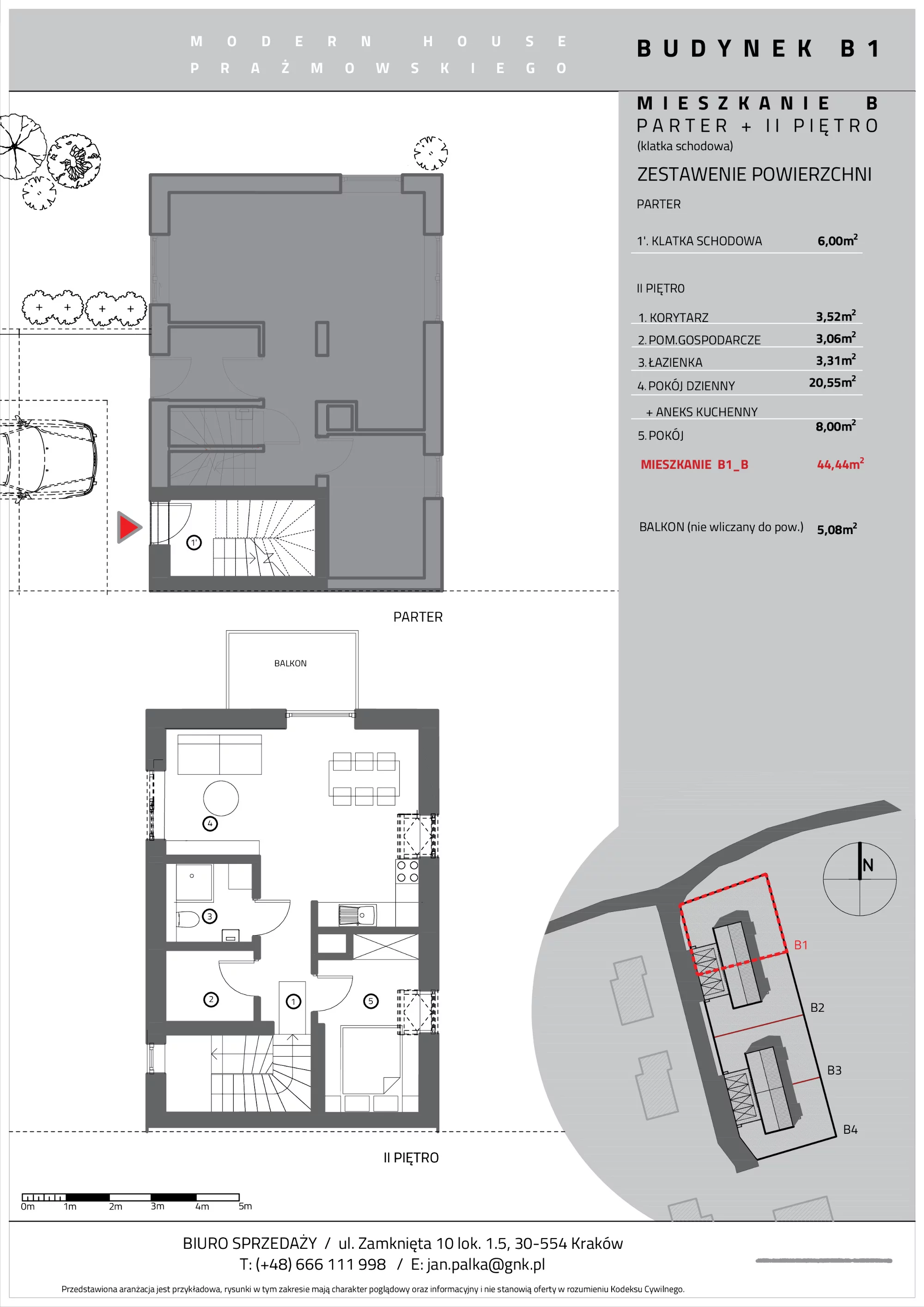 Mieszkanie 44,44 m², piętro 2, oferta nr B1/B, Modern House Prażmowskiego, Kraków, Dębniki, Sidzina, ul. Prażmowskiego