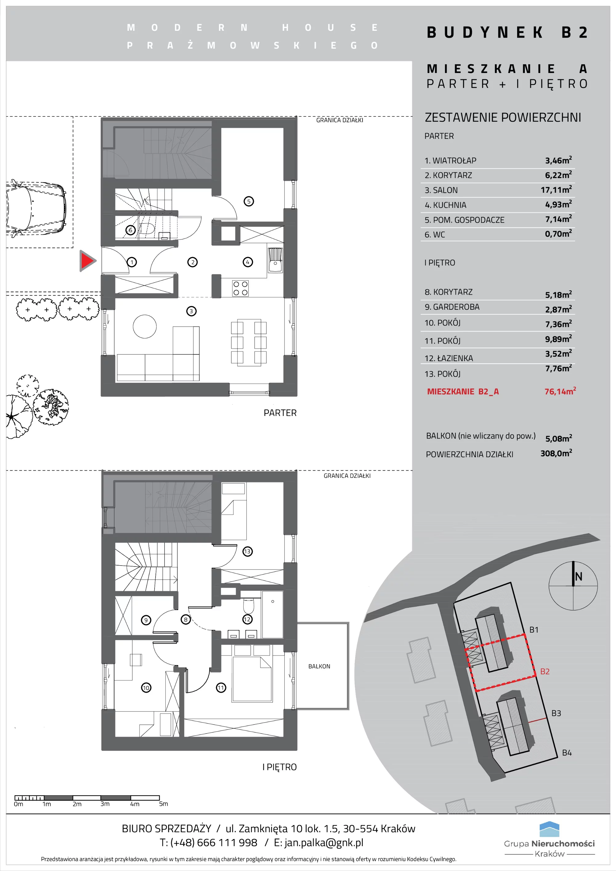Mieszkanie 76,14 m², parter, oferta nr B2/A, Modern House Prażmowskiego, Kraków, Dębniki, Sidzina, ul. Prażmowskiego