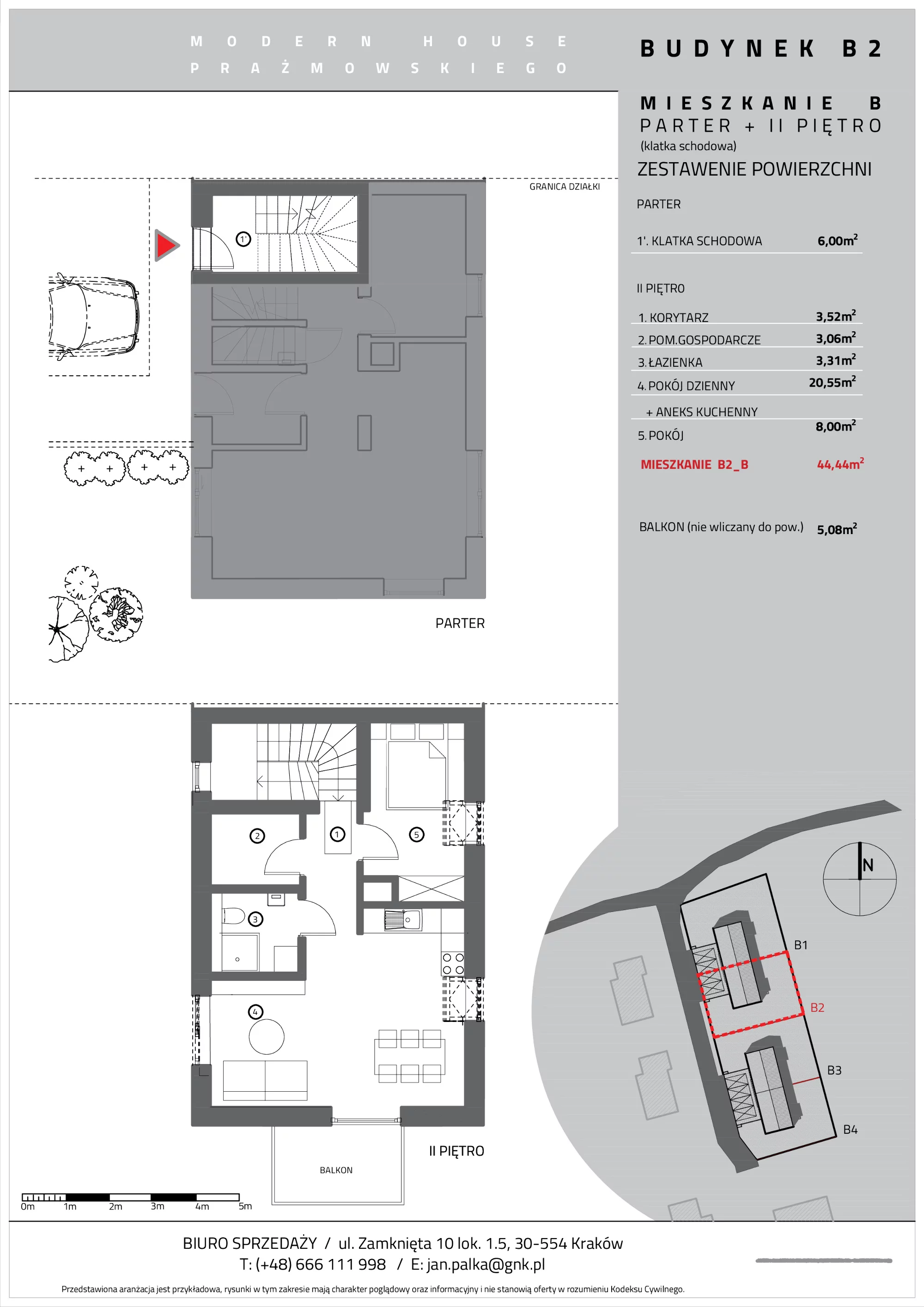 Mieszkanie 44,44 m², piętro 2, oferta nr B2/B, Modern House Prażmowskiego, Kraków, Dębniki, Sidzina, ul. Prażmowskiego