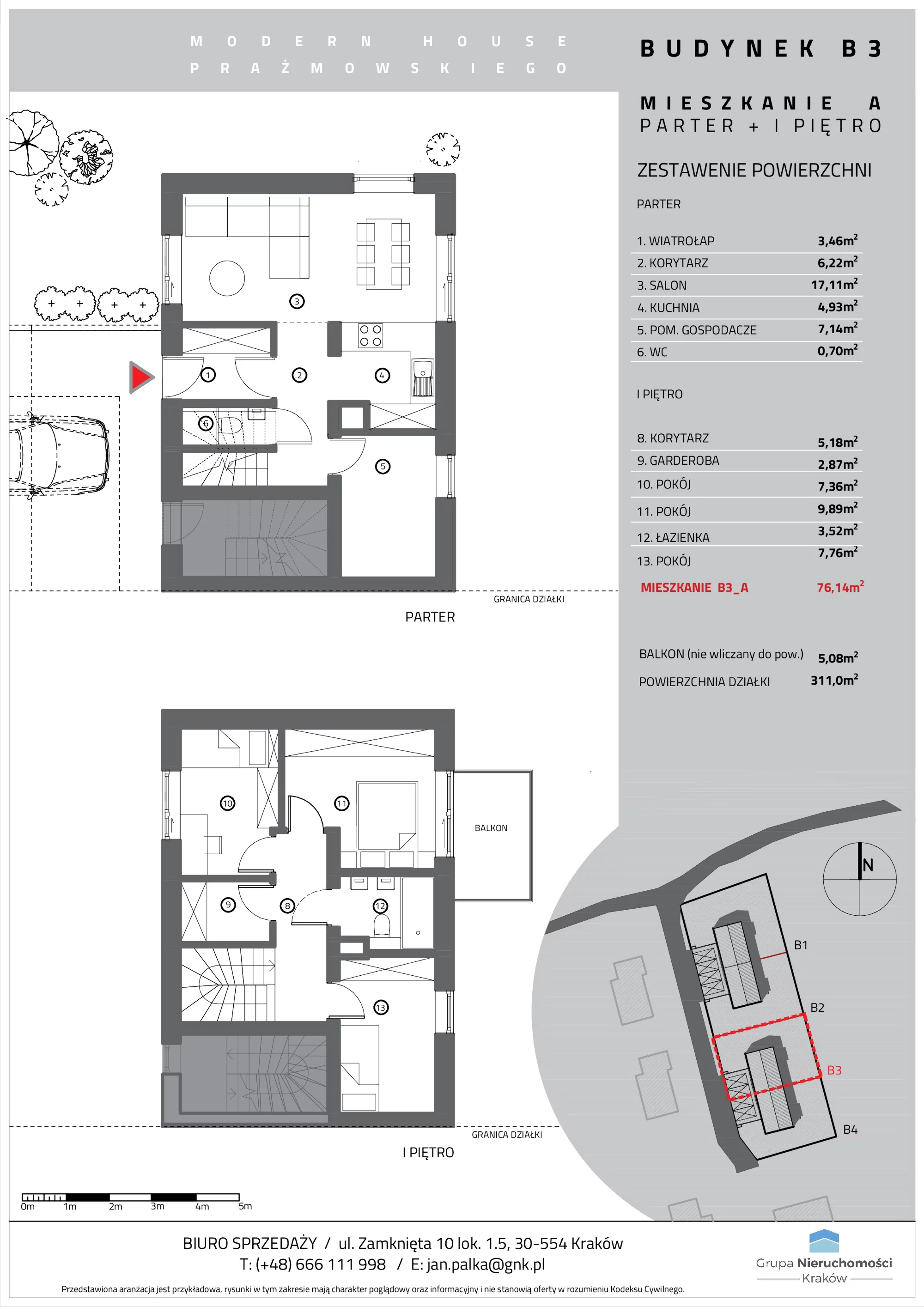 Mieszkanie 76,14 m², parter, oferta nr B3/A, Modern House Prażmowskiego, Kraków, Dębniki, Sidzina, ul. Prażmowskiego