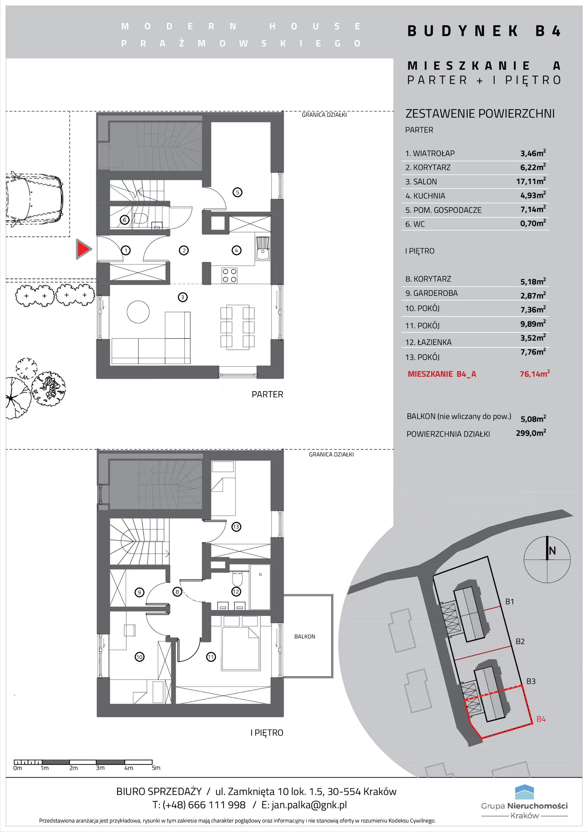 Mieszkanie 76,14 m², parter, oferta nr B4/A, Modern House Prażmowskiego, Kraków, Dębniki, Sidzina, ul. Prażmowskiego