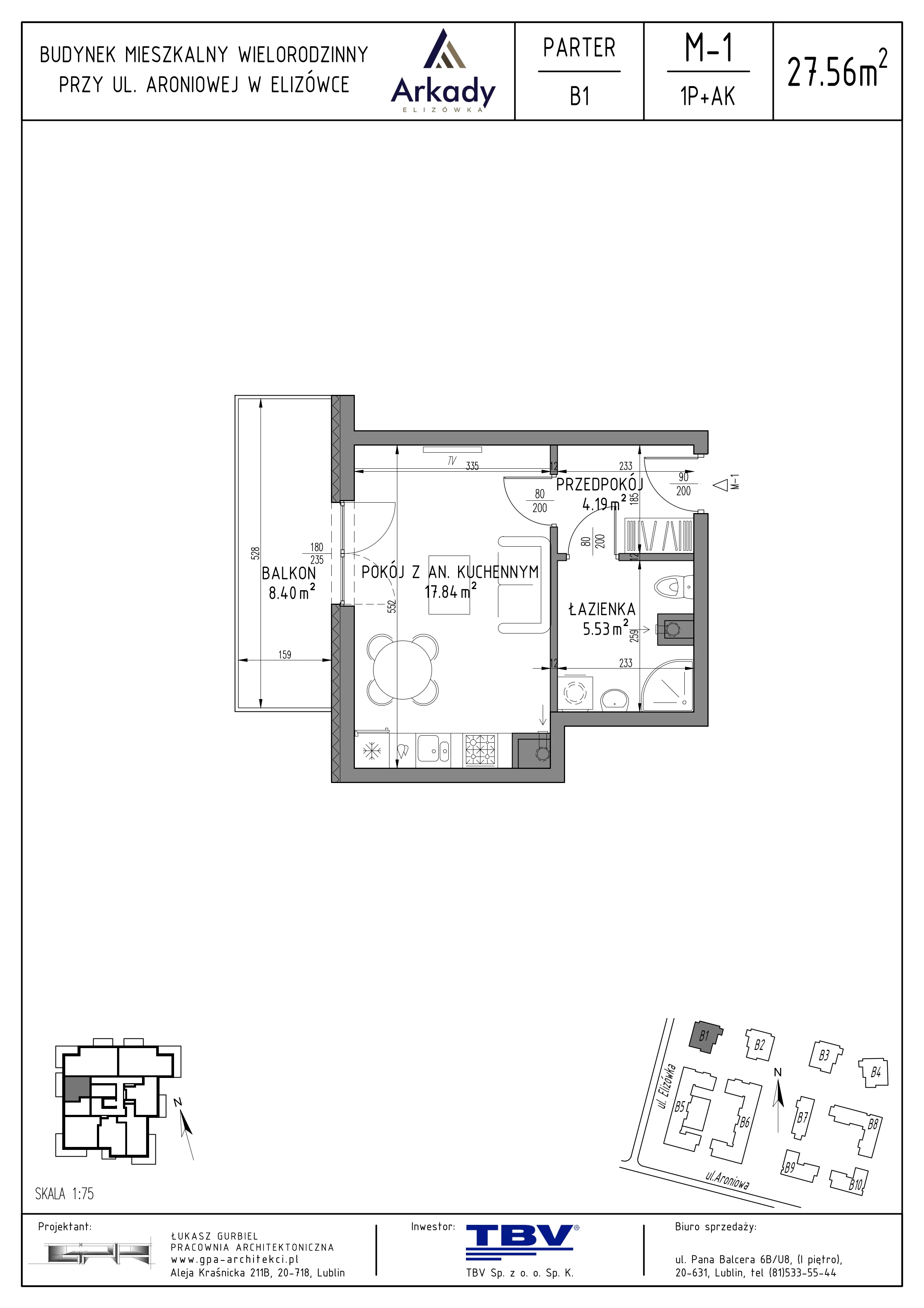 1 pokój, mieszkanie 27,56 m², parter, oferta nr B1-LM01, Osiedle Arkady, Elizówka, ul. Elizówka 46