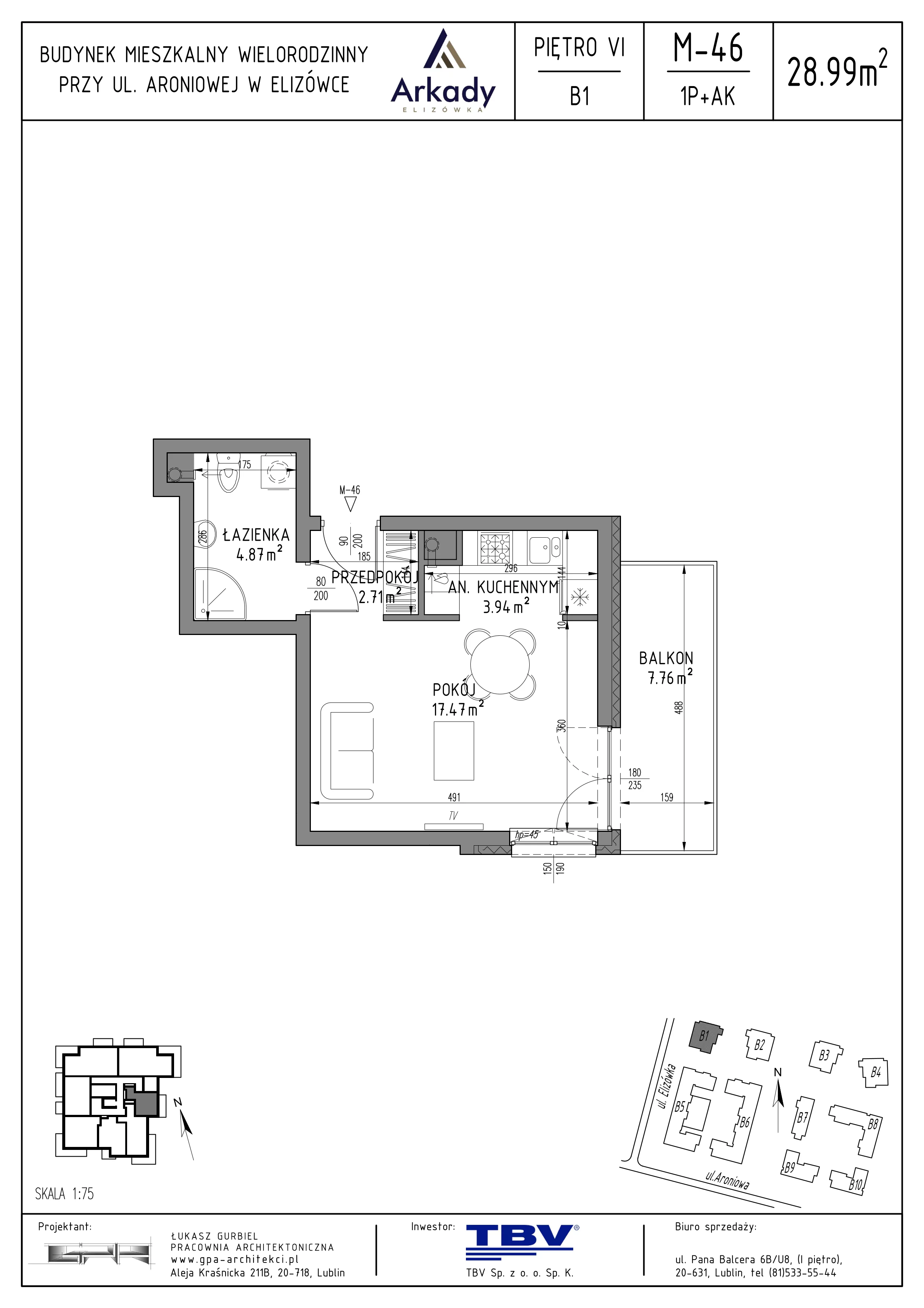 1 pokój, mieszkanie 28,99 m², piętro 6, oferta nr B1-LM46, Osiedle Arkady, Elizówka, ul. Elizówka 46