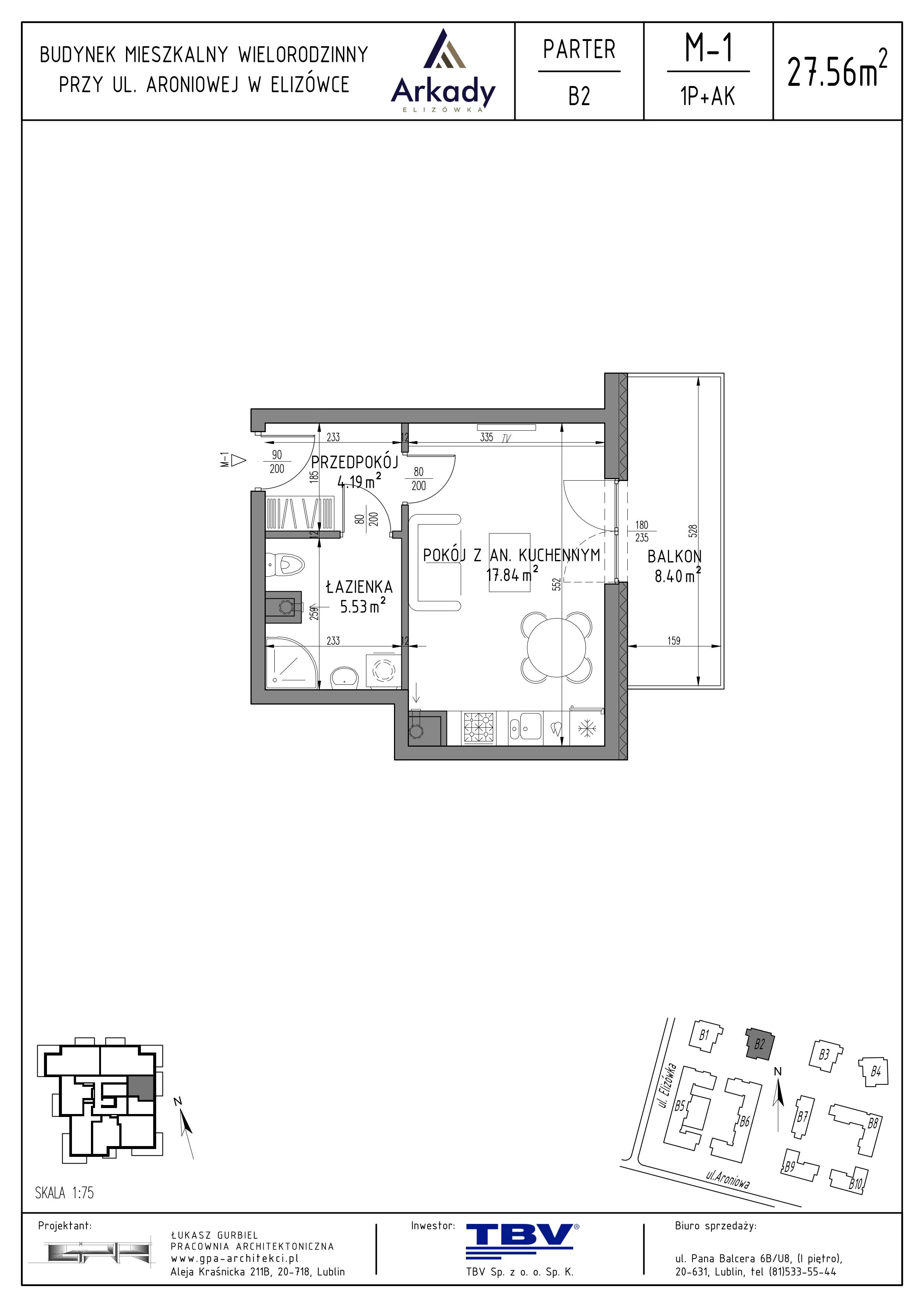 1 pokój, mieszkanie 27,56 m², parter, oferta nr B2-LM01, Osiedle Arkady, Elizówka, ul. Elizówka 46