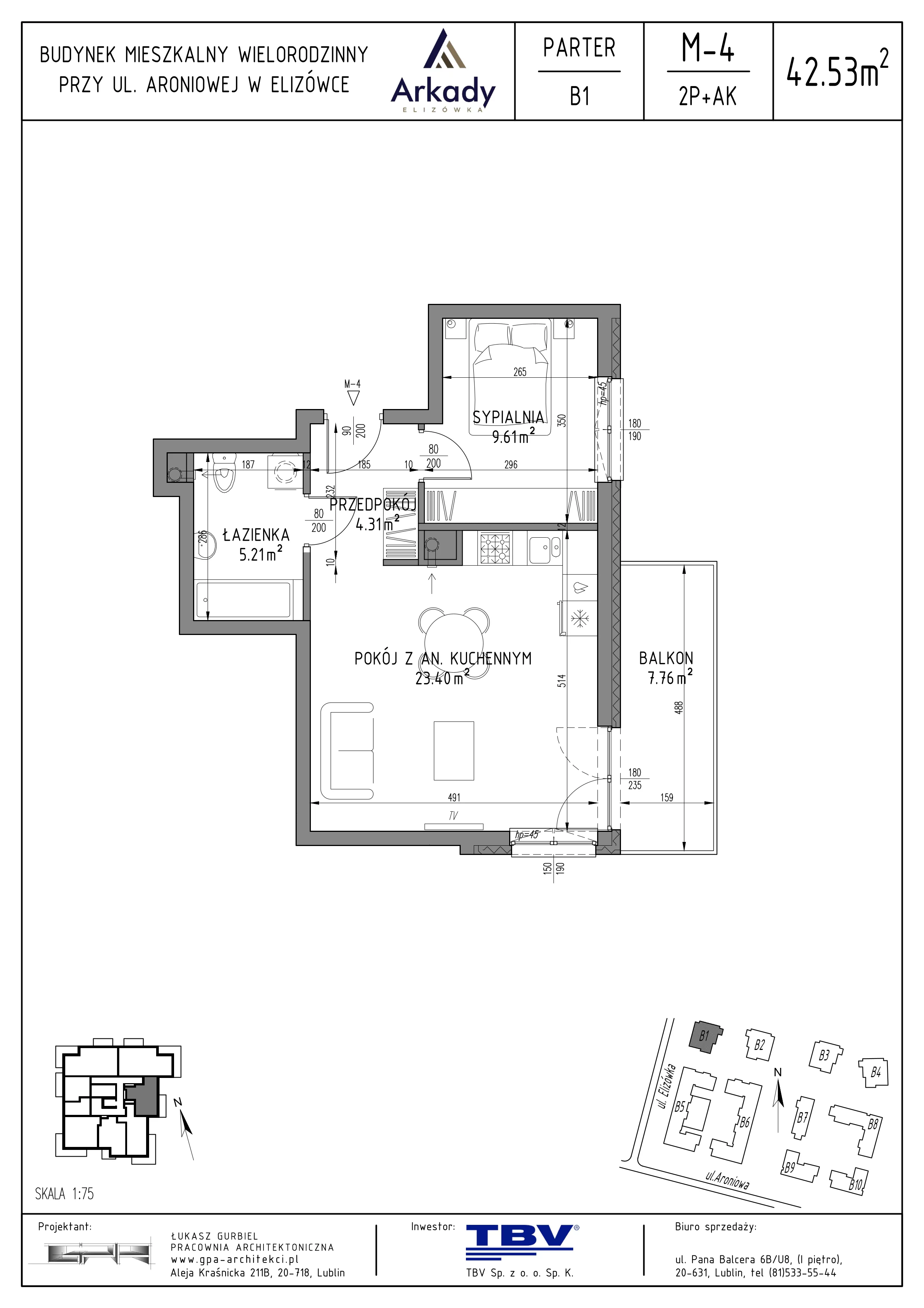 2 pokoje, mieszkanie 42,53 m², parter, oferta nr B1-LM04, Osiedle Arkady, Elizówka, ul. Elizówka 46