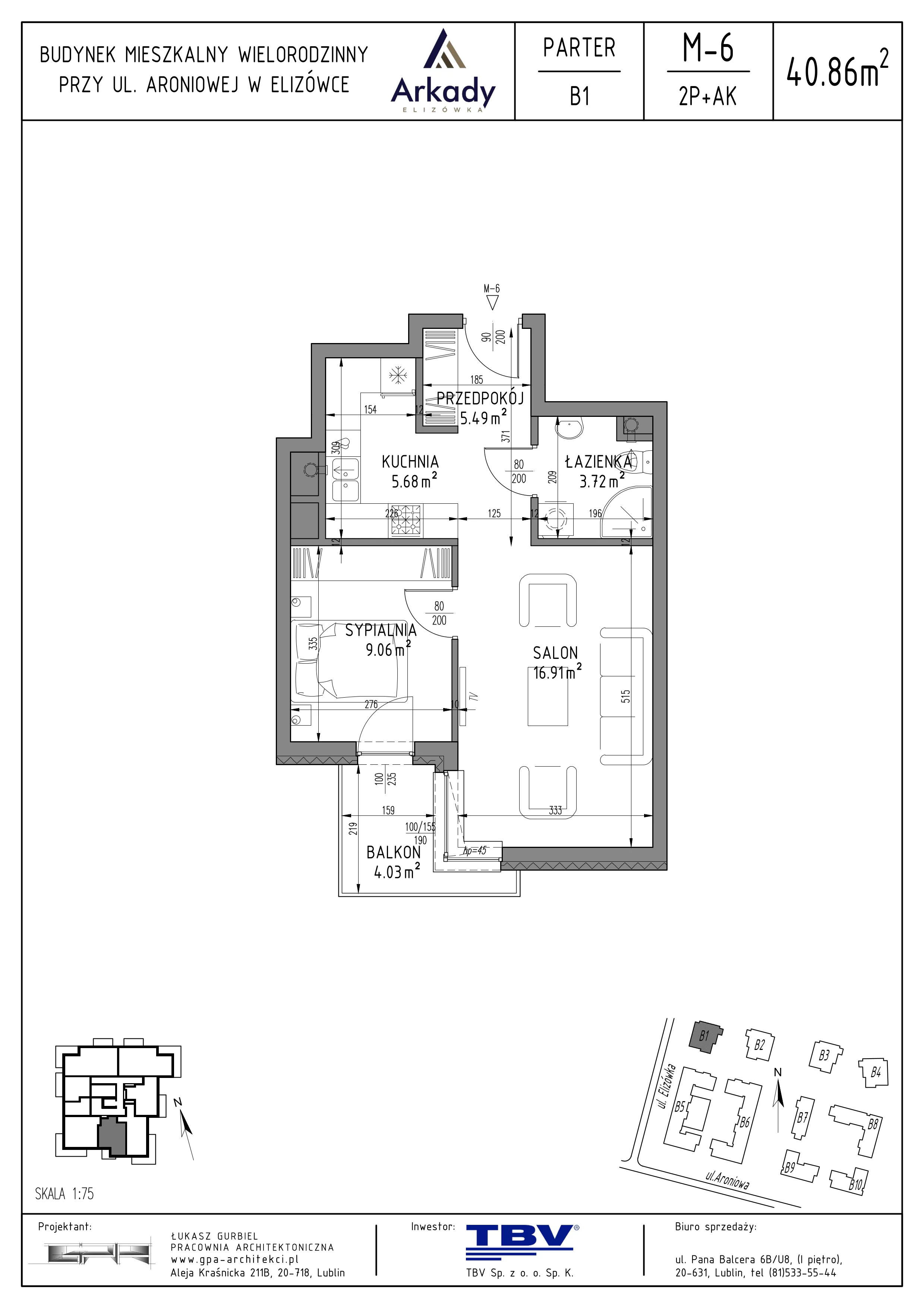2 pokoje, mieszkanie 40,86 m², parter, oferta nr B1-LM06, Osiedle Arkady, Elizówka, ul. Elizówka 46