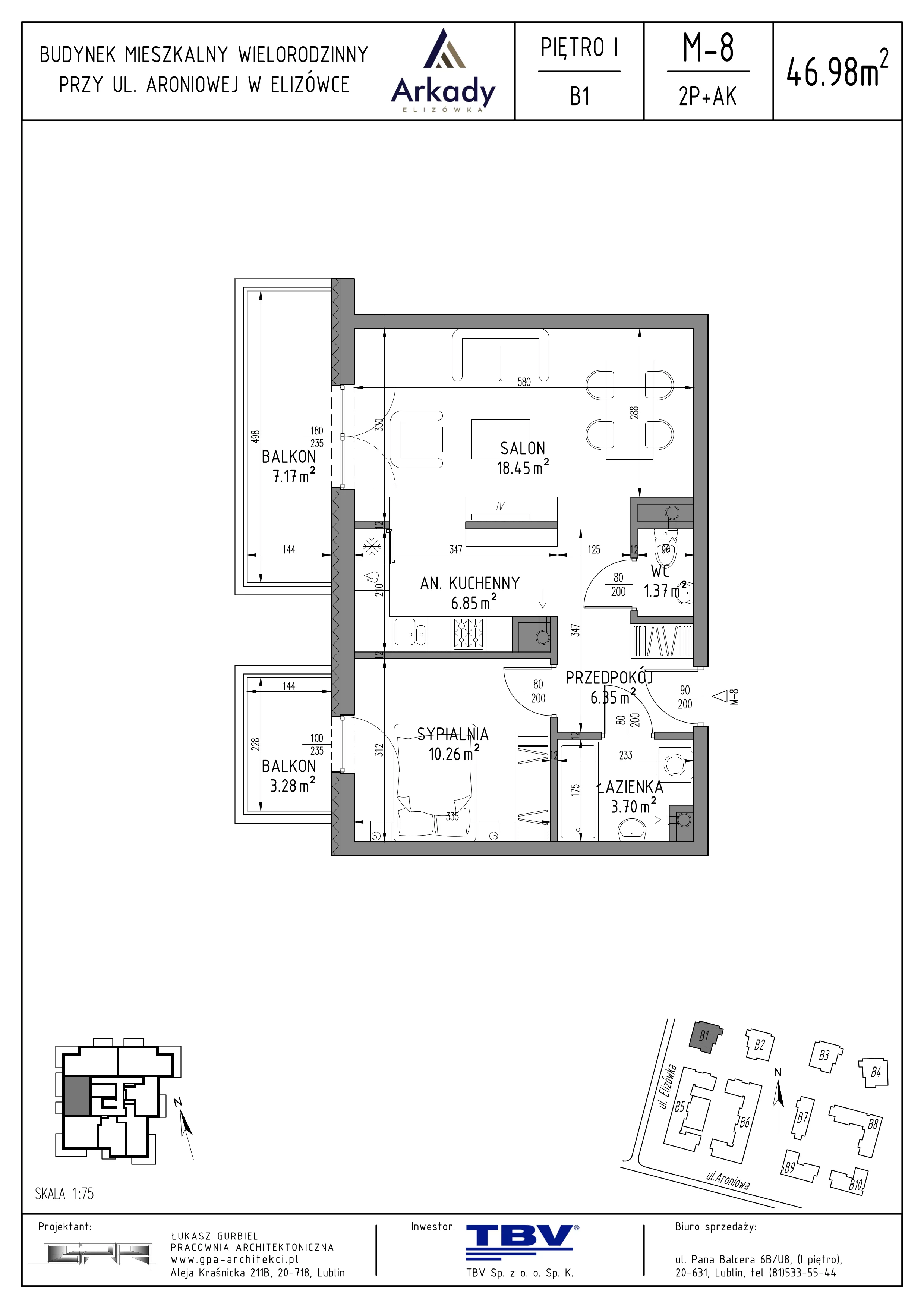2 pokoje, mieszkanie 46,98 m², piętro 1, oferta nr B1-LM08, Osiedle Arkady, Elizówka, ul. Elizówka 46