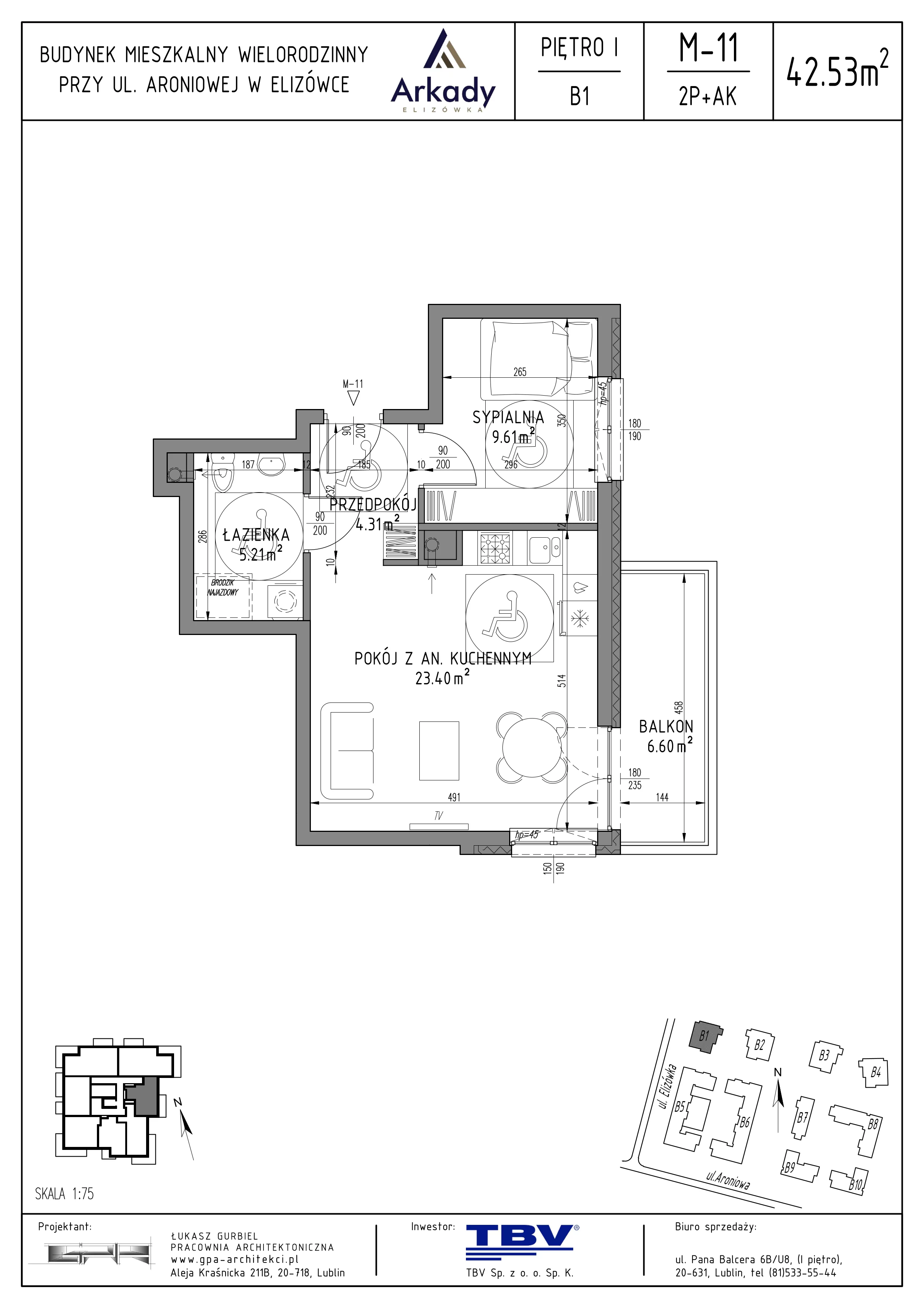 2 pokoje, mieszkanie 42,53 m², piętro 1, oferta nr B1-LM11 dla NP, Osiedle Arkady, Elizówka, ul. Elizówka 46