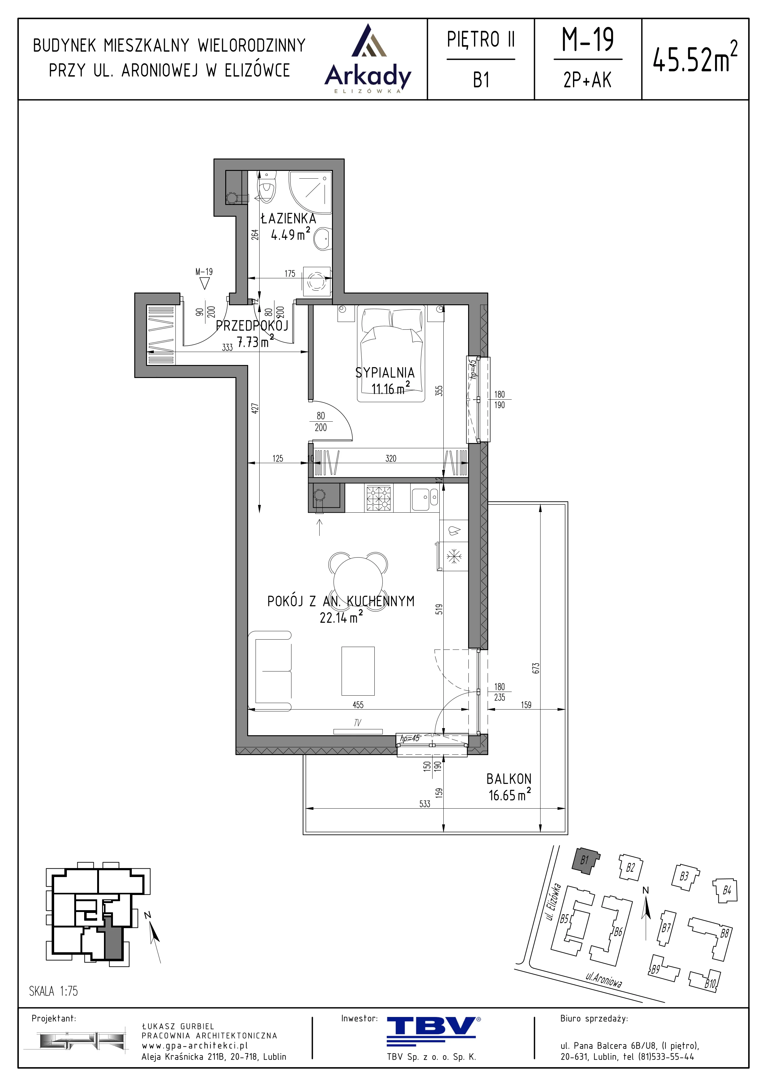 2 pokoje, mieszkanie 45,52 m², piętro 2, oferta nr B1-LM19, Osiedle Arkady, Elizówka, ul. Elizówka 46