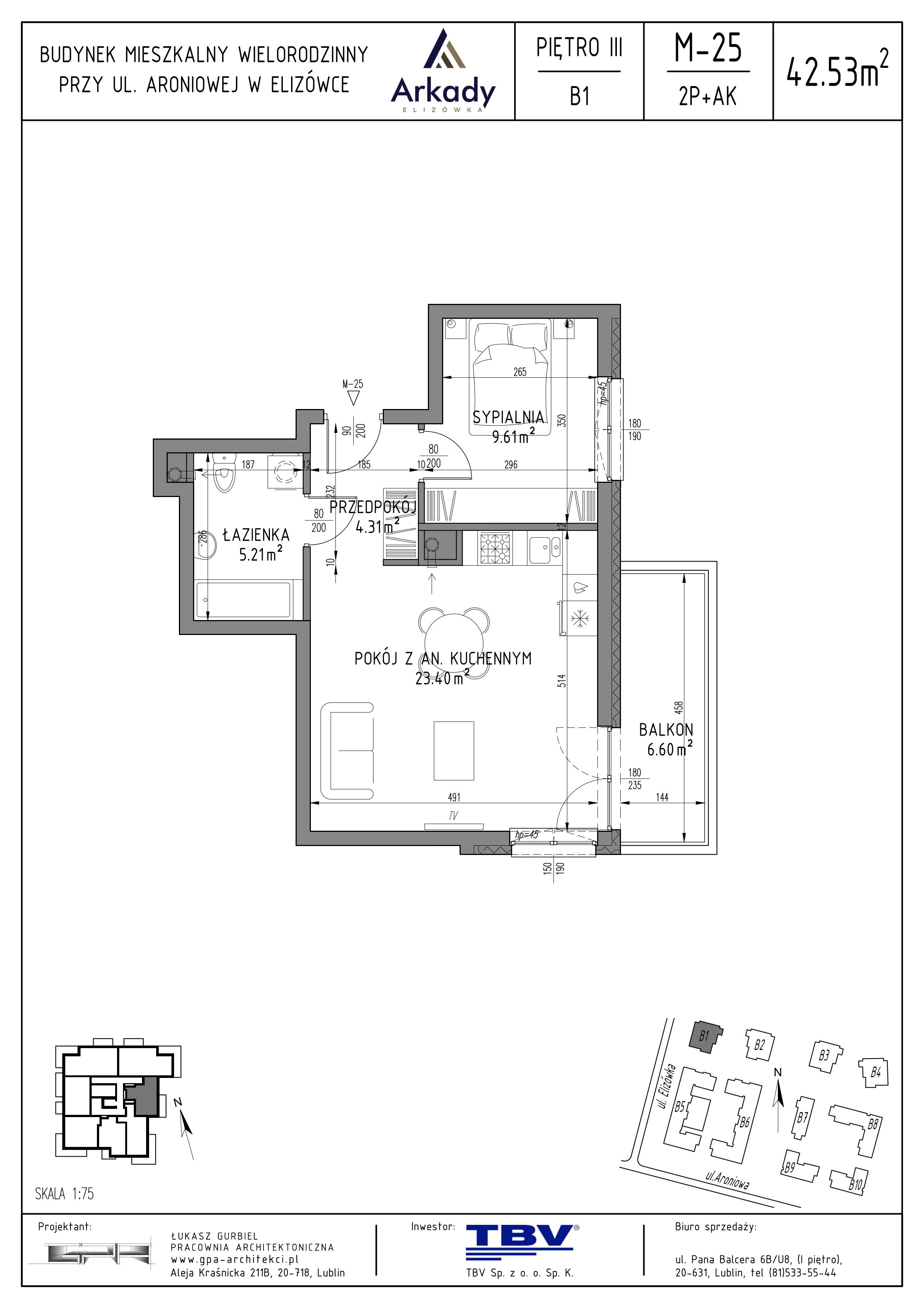 2 pokoje, mieszkanie 42,53 m², piętro 3, oferta nr B1-LM25, Osiedle Arkady, Elizówka, ul. Elizówka 46