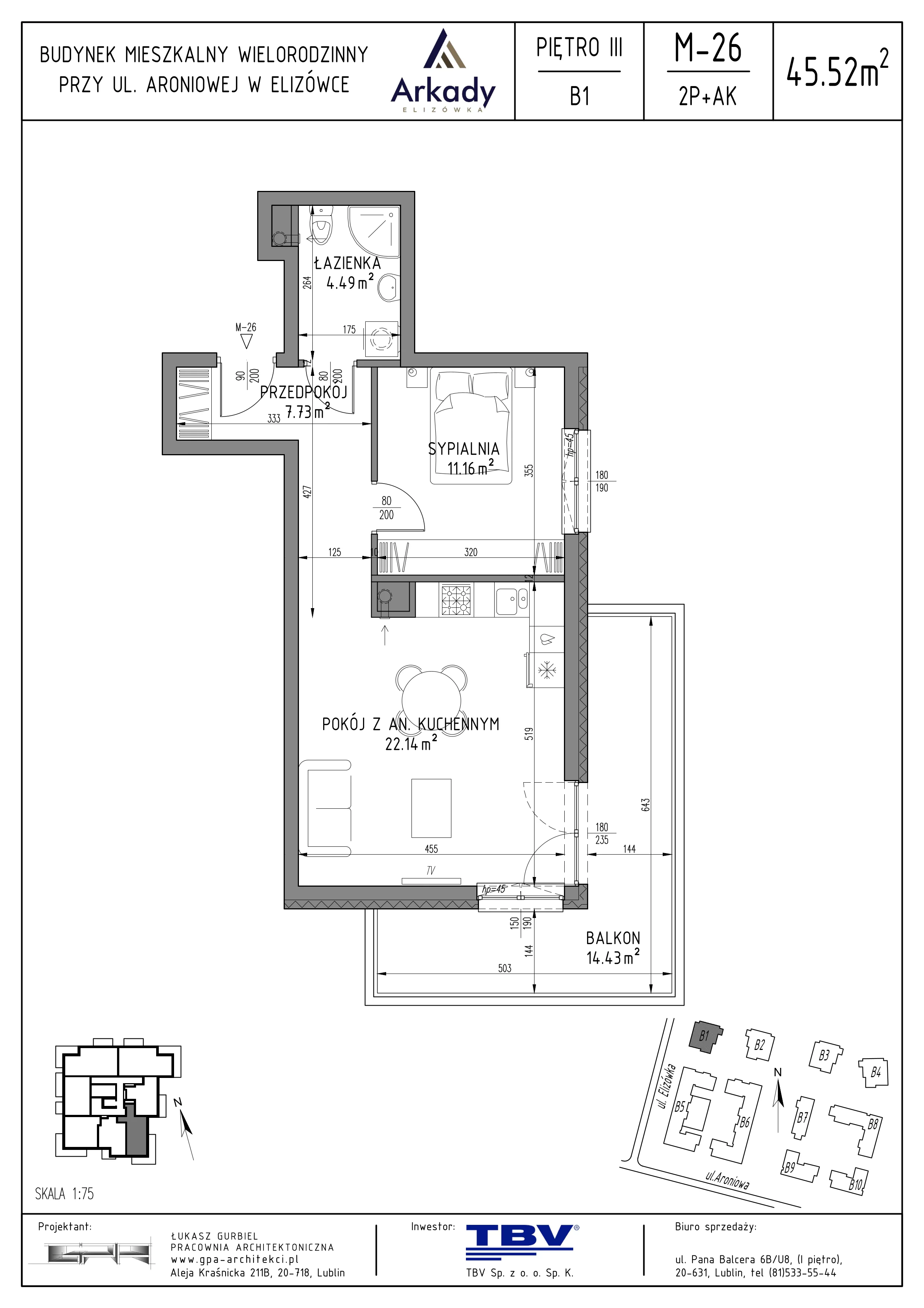 2 pokoje, mieszkanie 45,52 m², piętro 3, oferta nr B1-LM26, Osiedle Arkady, Elizówka, ul. Elizówka 46