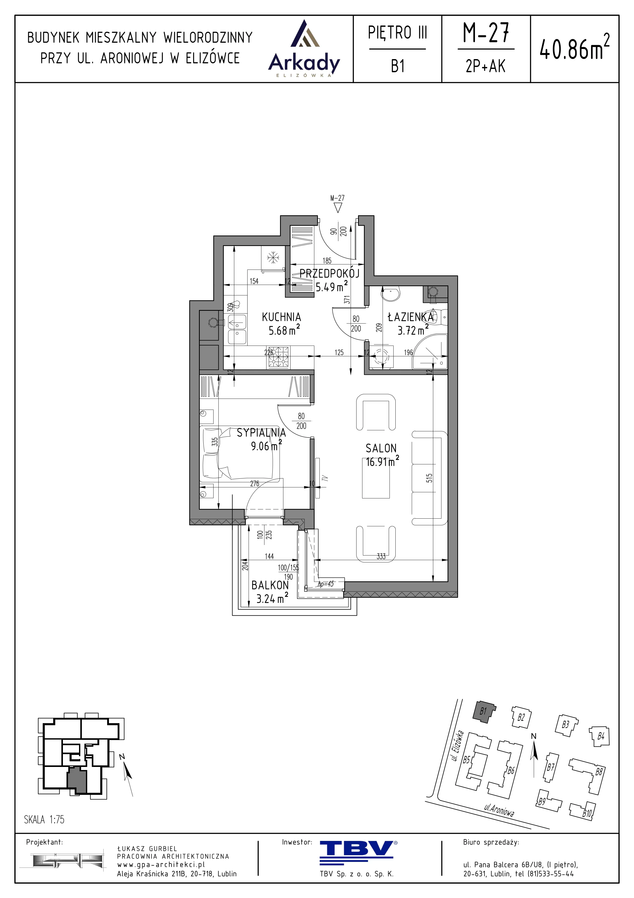 2 pokoje, mieszkanie 40,86 m², piętro 3, oferta nr B1-LM27, Osiedle Arkady, Elizówka, ul. Elizówka 46