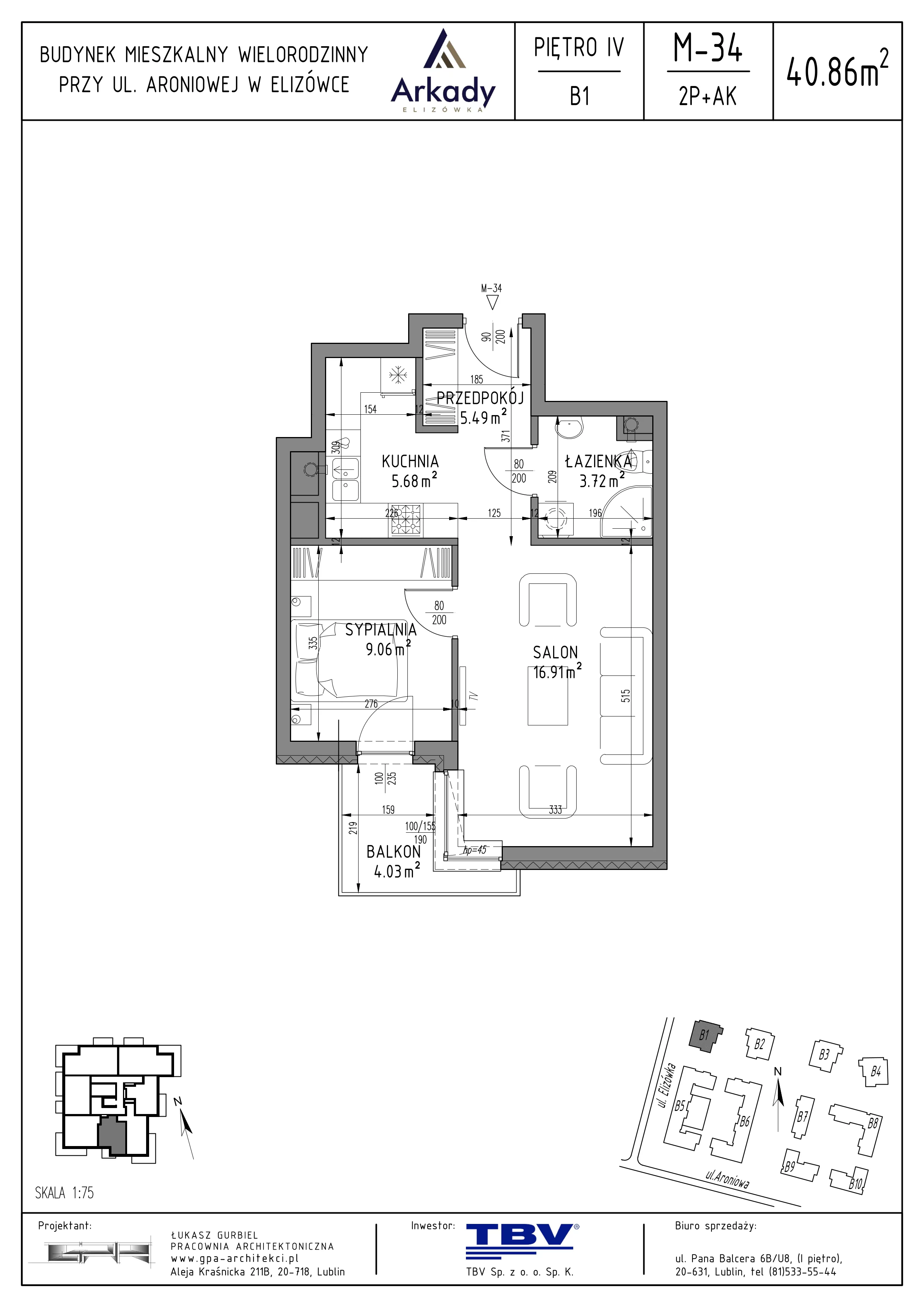 2 pokoje, mieszkanie 40,86 m², piętro 4, oferta nr B1-LM34, Osiedle Arkady, Elizówka, ul. Elizówka 46