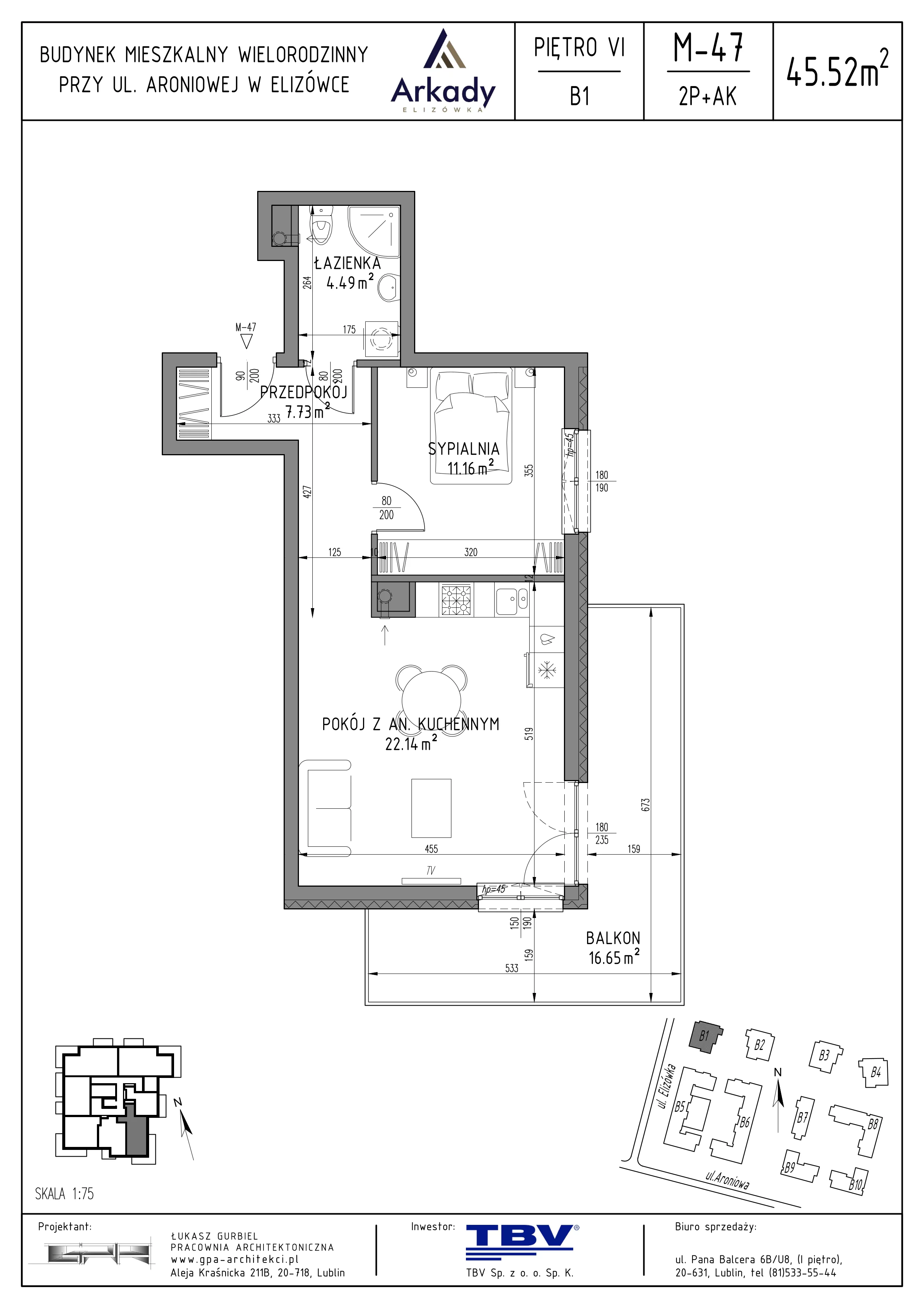 2 pokoje, mieszkanie 45,52 m², piętro 6, oferta nr B1-LM47, Osiedle Arkady, Elizówka, ul. Elizówka 46