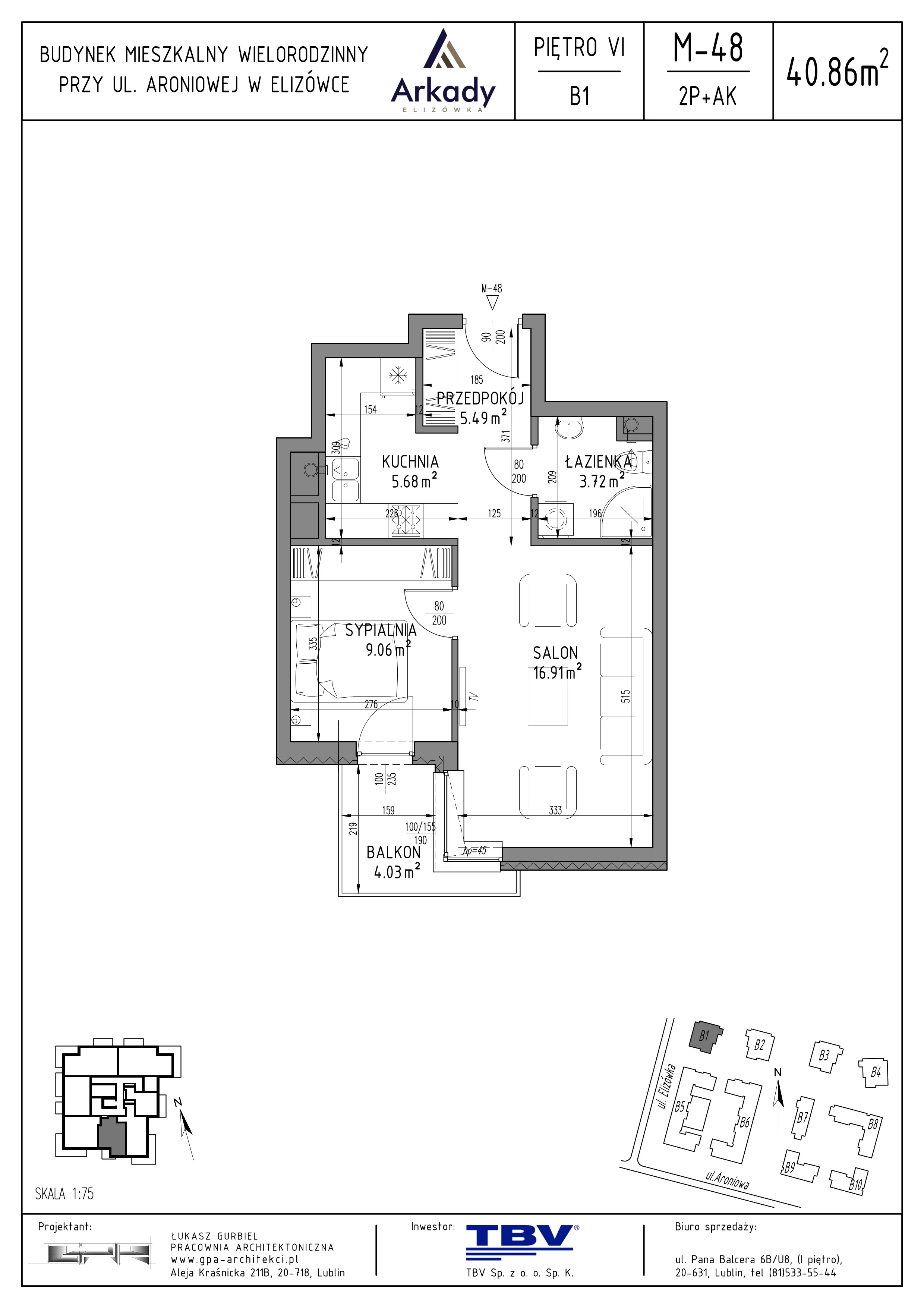 2 pokoje, mieszkanie 40,86 m², piętro 6, oferta nr B1-LM48, Osiedle Arkady, Elizówka, ul. Elizówka 46