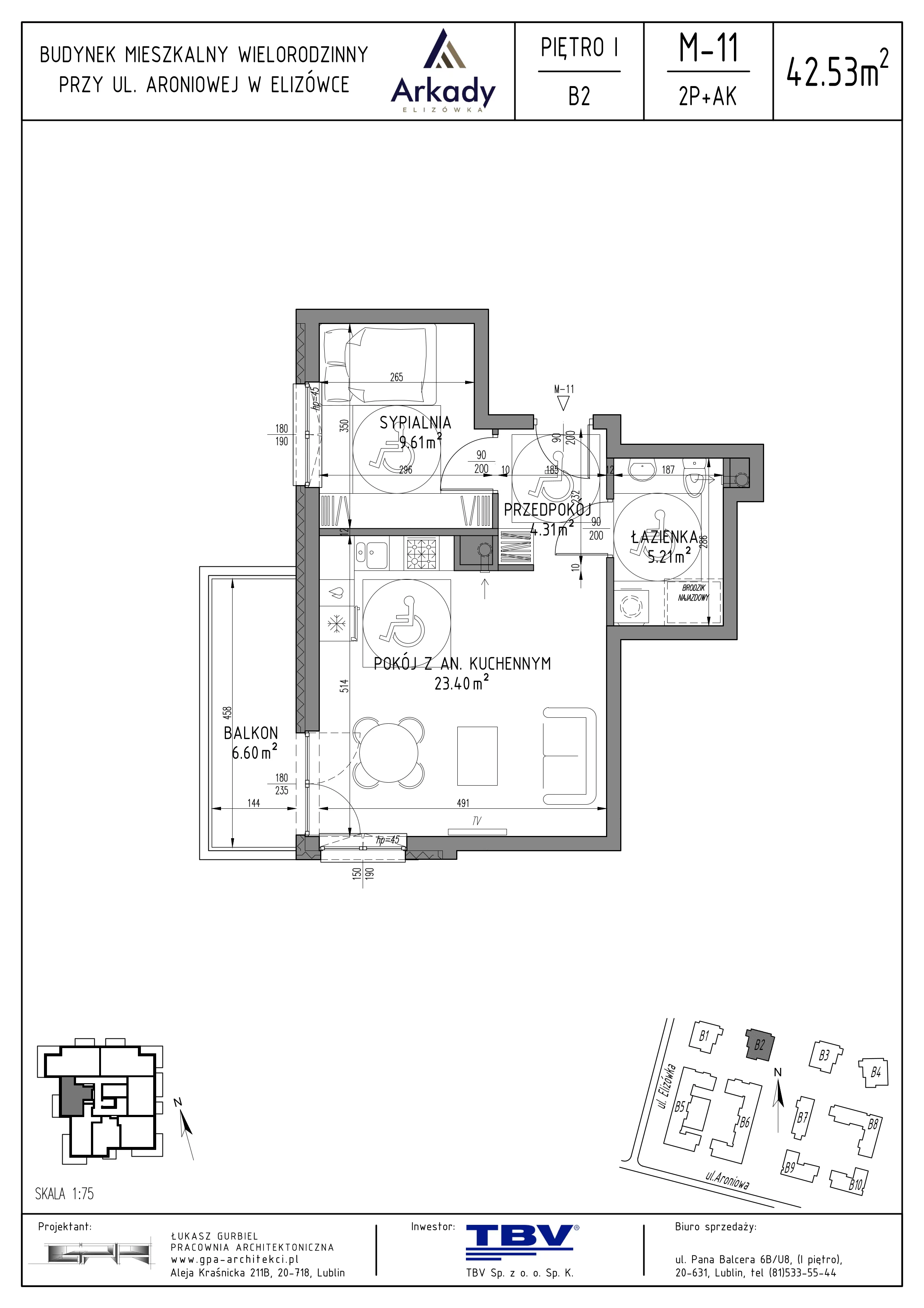 2 pokoje, mieszkanie 42,53 m², piętro 1, oferta nr B2-LM11 dlan NP, Osiedle Arkady, Elizówka, ul. Elizówka 46